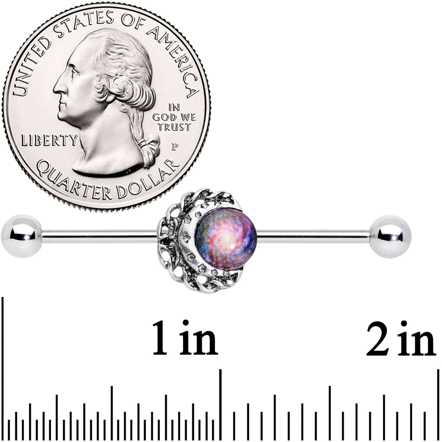 14G Swirling Galaxy Inlay Crescent Moon Industrial Barbell 38mm