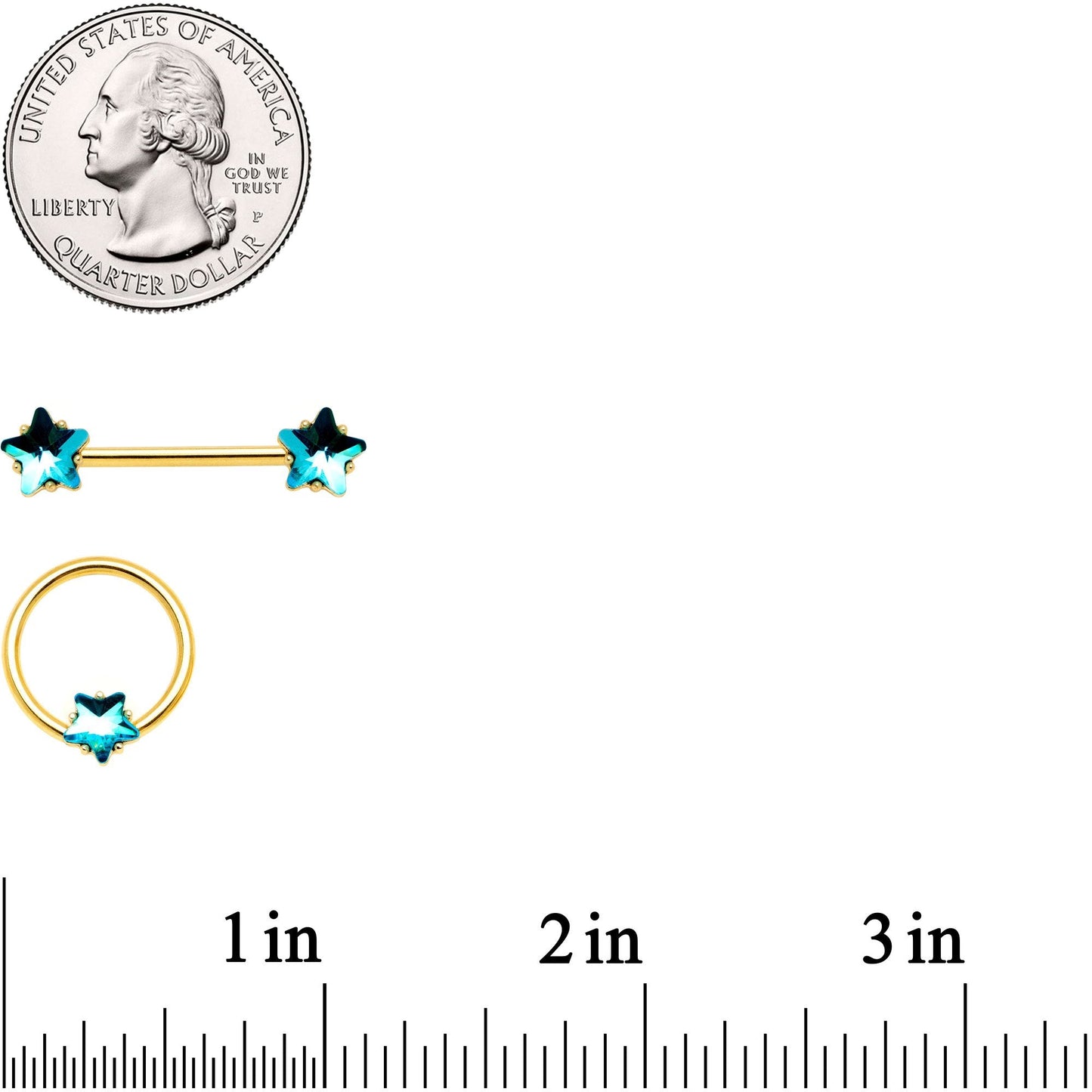 14G Blue Gem Star Gold Tone Captive Barbell Nipple Ring Set