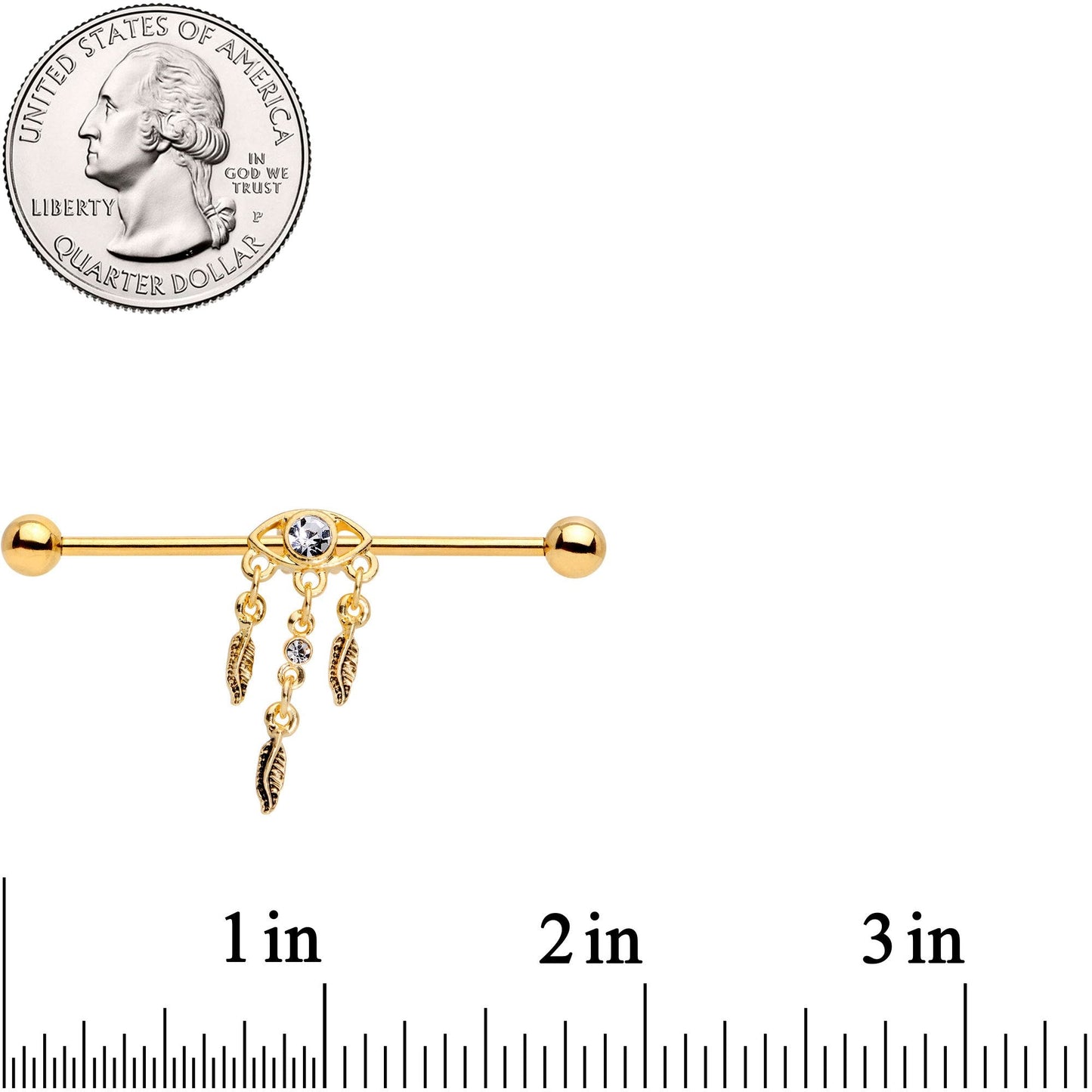 Clear Gem Gold Tone Eye Feather Dangle Industrial Barbell 38mm