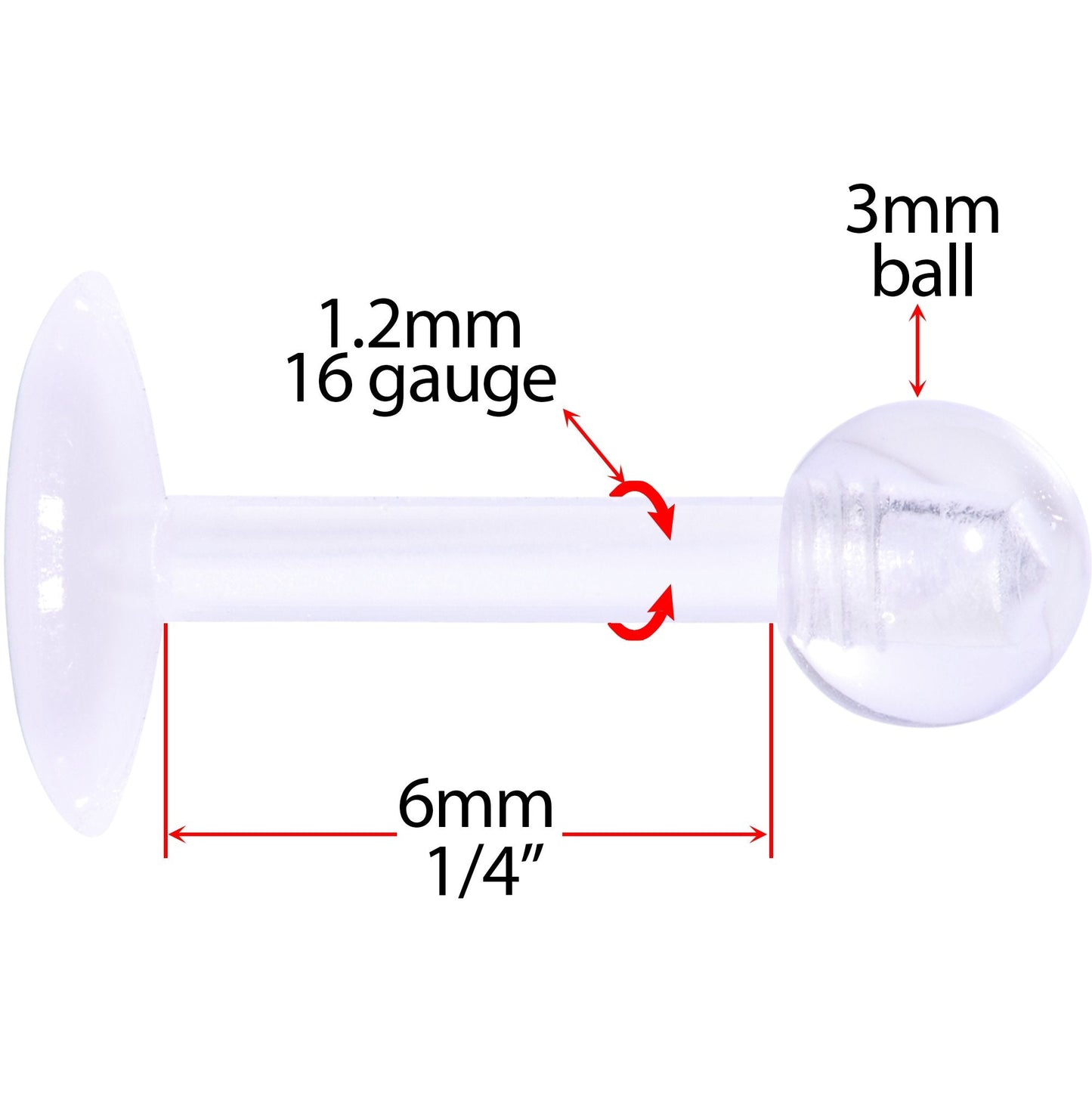 16G 1/4 Clear Flexible Bioplast Labret Monroe Tragus Retainer