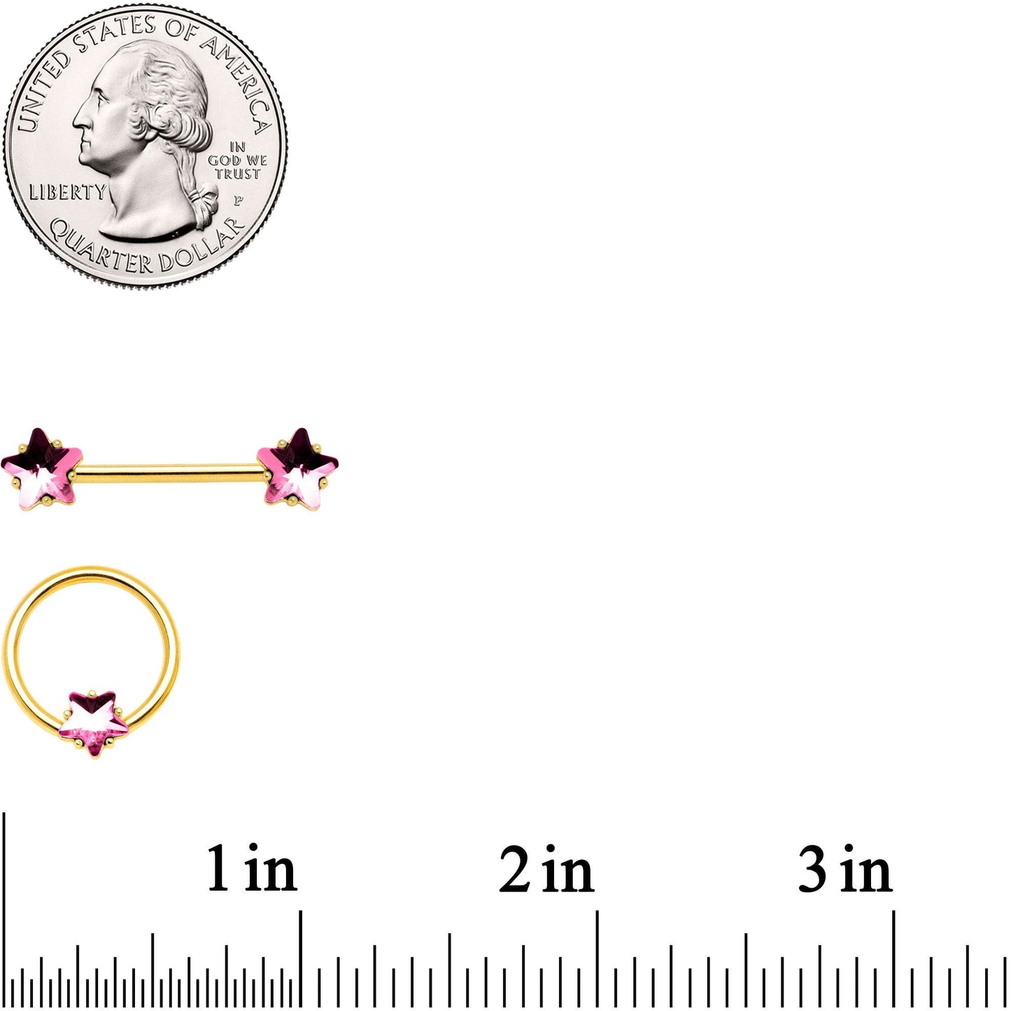 14G Pink Gem Star Gold Tone Captive Barbell Nipple Ring Set
