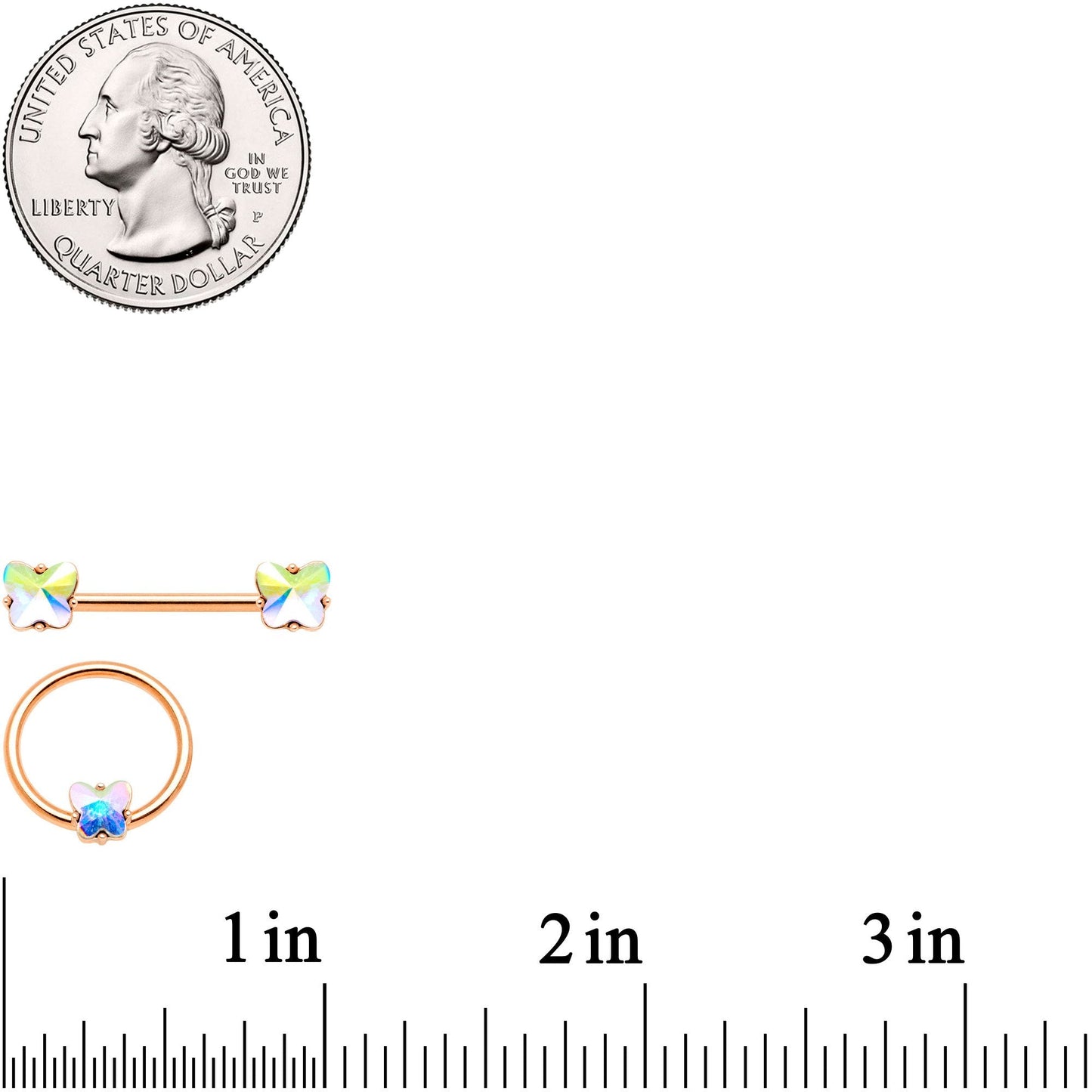 14G Aurora Gem Rose Gold Hue Butterfly BCR Barbell Nipple Rings