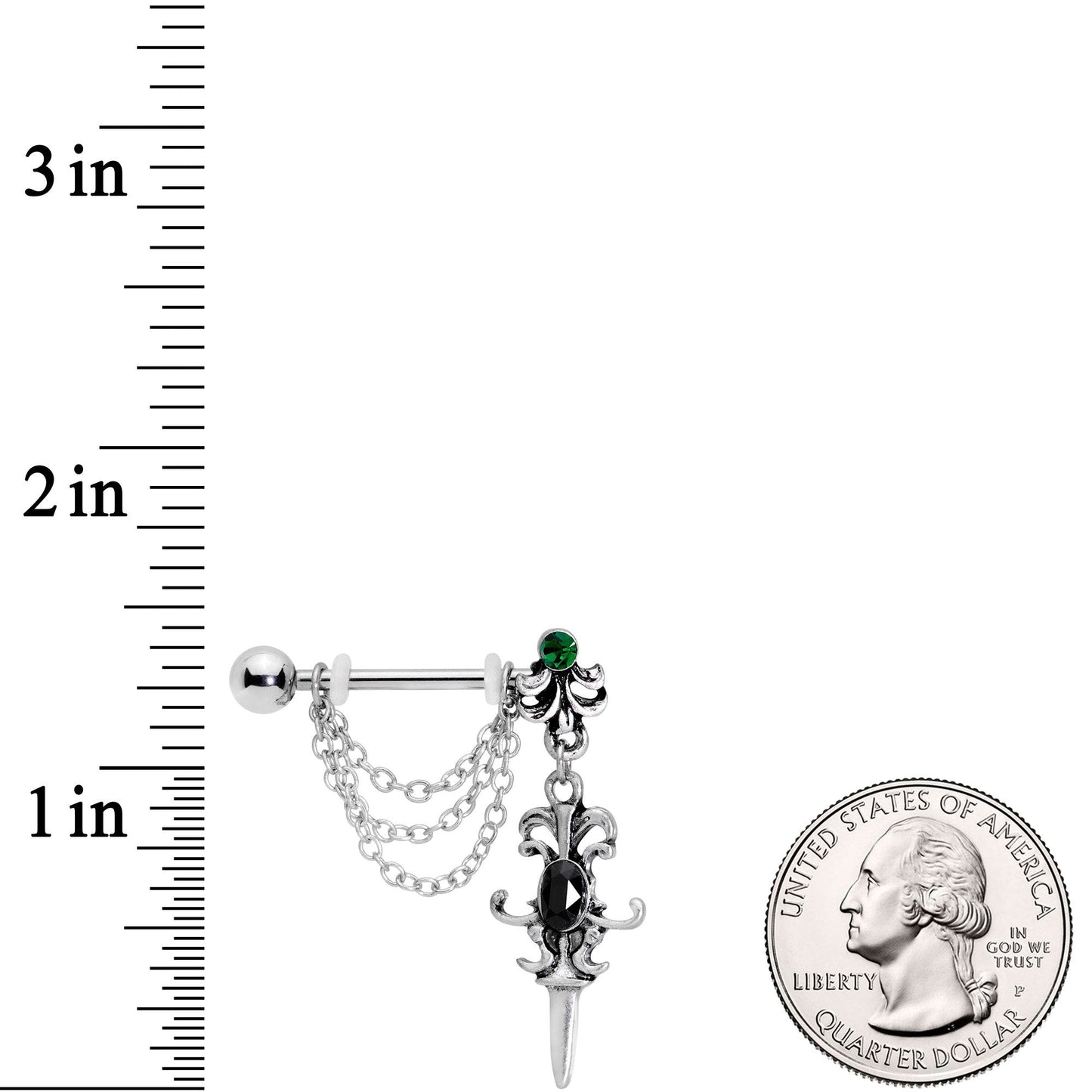 14G 9/16Black Green Gem Chain Sword Barbell Nipple Ring Set