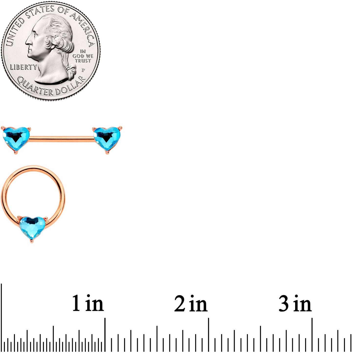14G Aqua Gem Heart Rose Gold Tone BCR Barbell Nipple Ring Set of 4