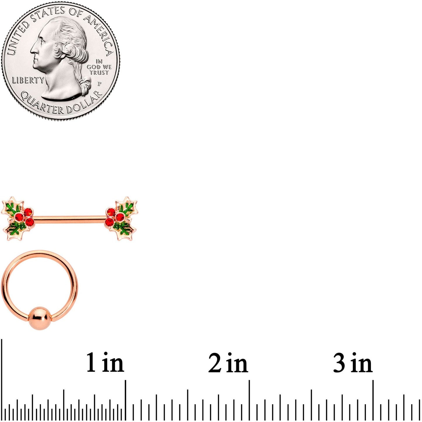 14G Red Gem Rose Gold Tone Holly Captive Barbell Nipple Ring Set