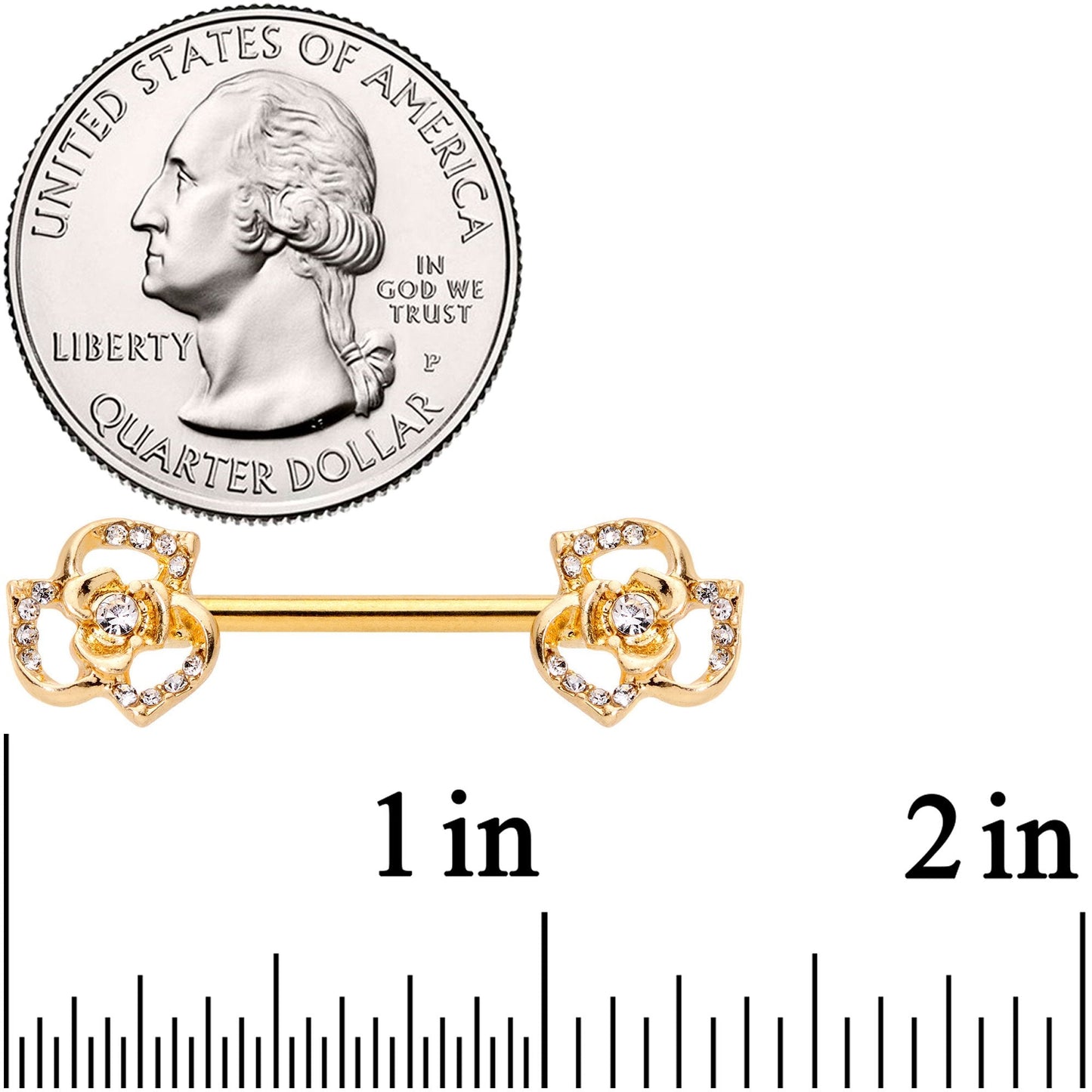 14G 9/16 Clear Gem Gold Tone Full Flower Barbell Nipple Ring Set