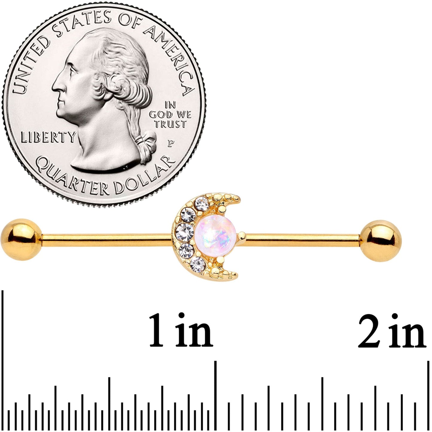 14G Gold Tone Celestial Crescent Moon Industrial Barbell 38mm