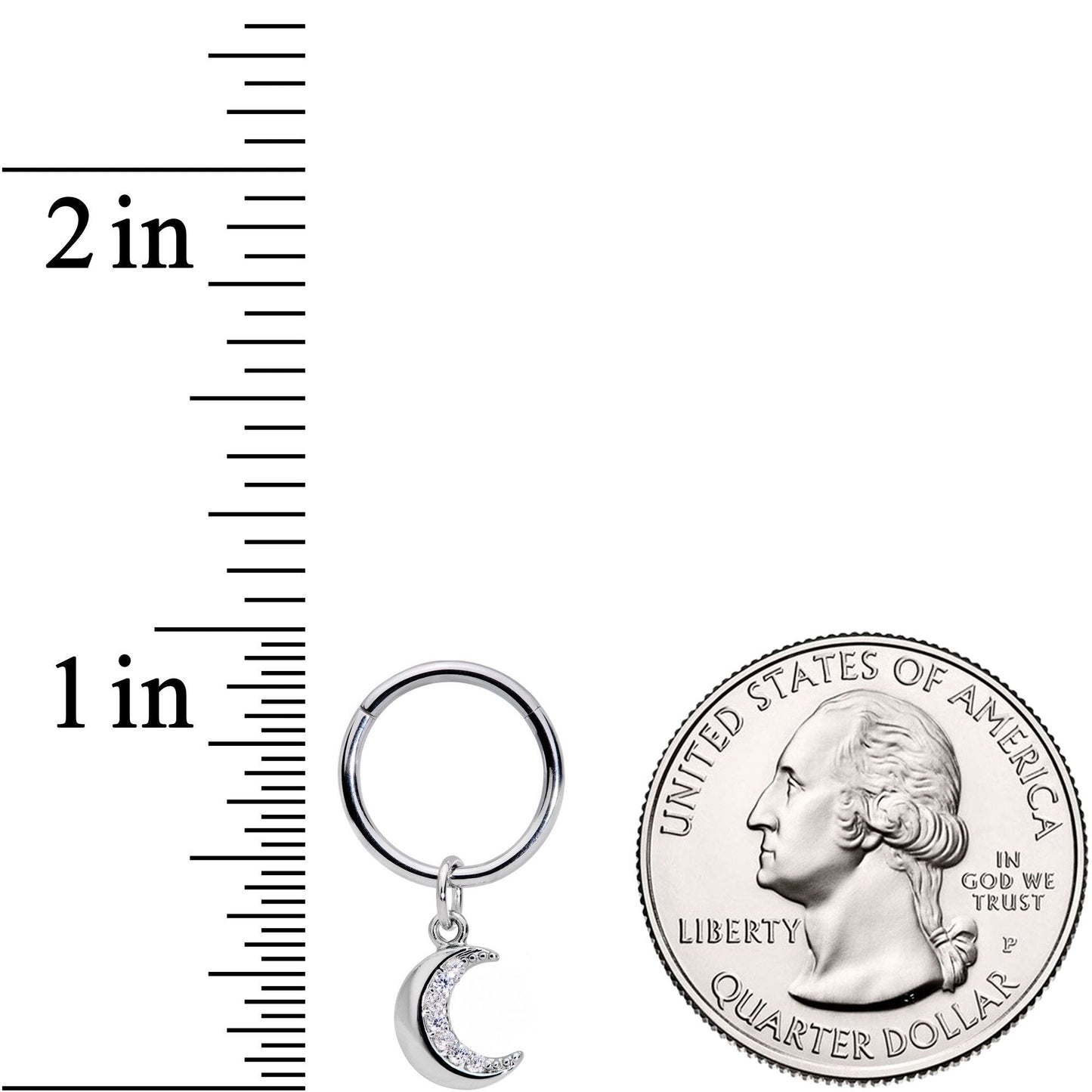 16G 3/8 Clear CZ Gem Crescent Moon Dangle Hinged Segment Ring