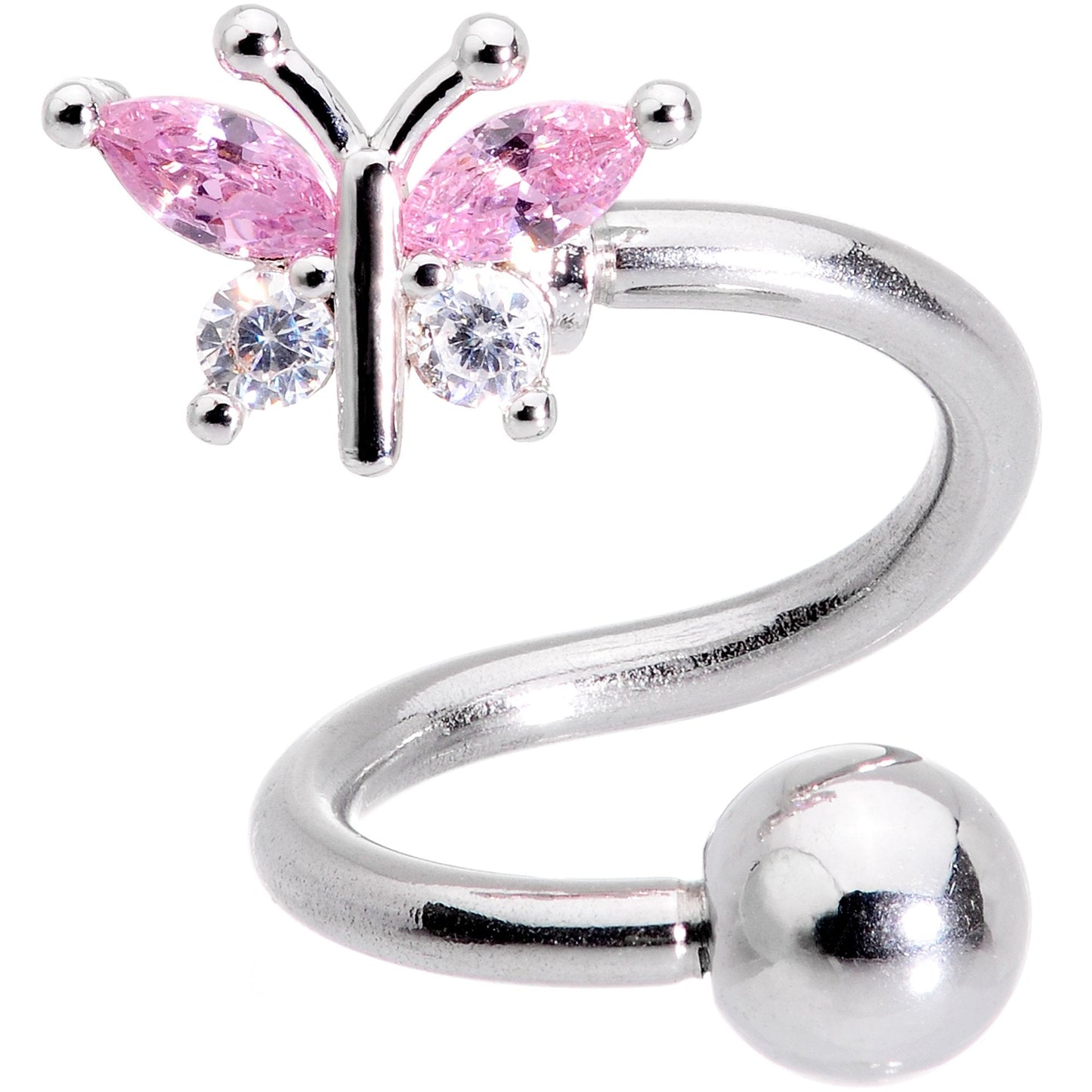 Clear Pink CZ Gem Springtime Butterfly Spiral Twister Belly Ring