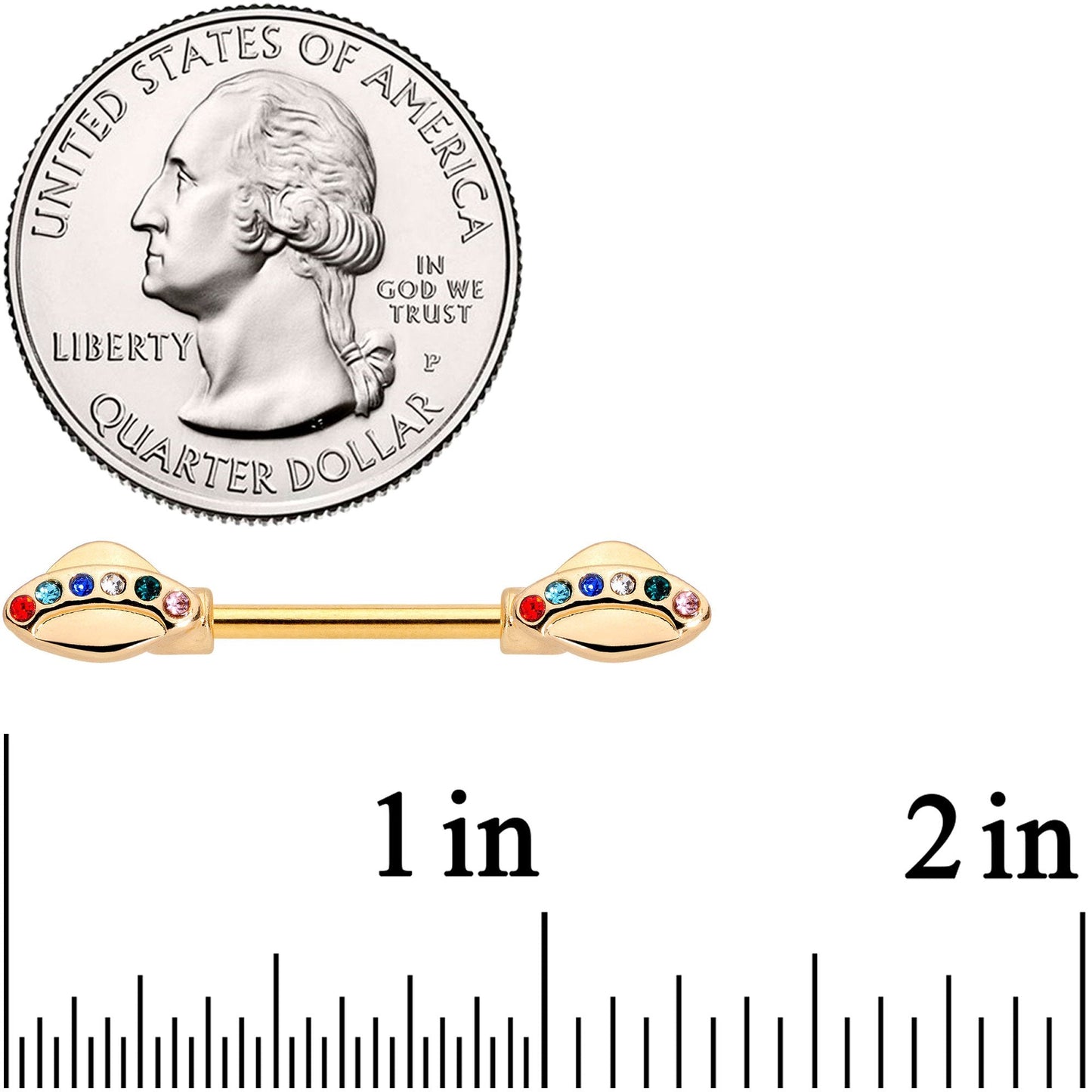 14G 9/16 Multicolor Gem Gold Tone UFO Barbell Nipple Ring Set