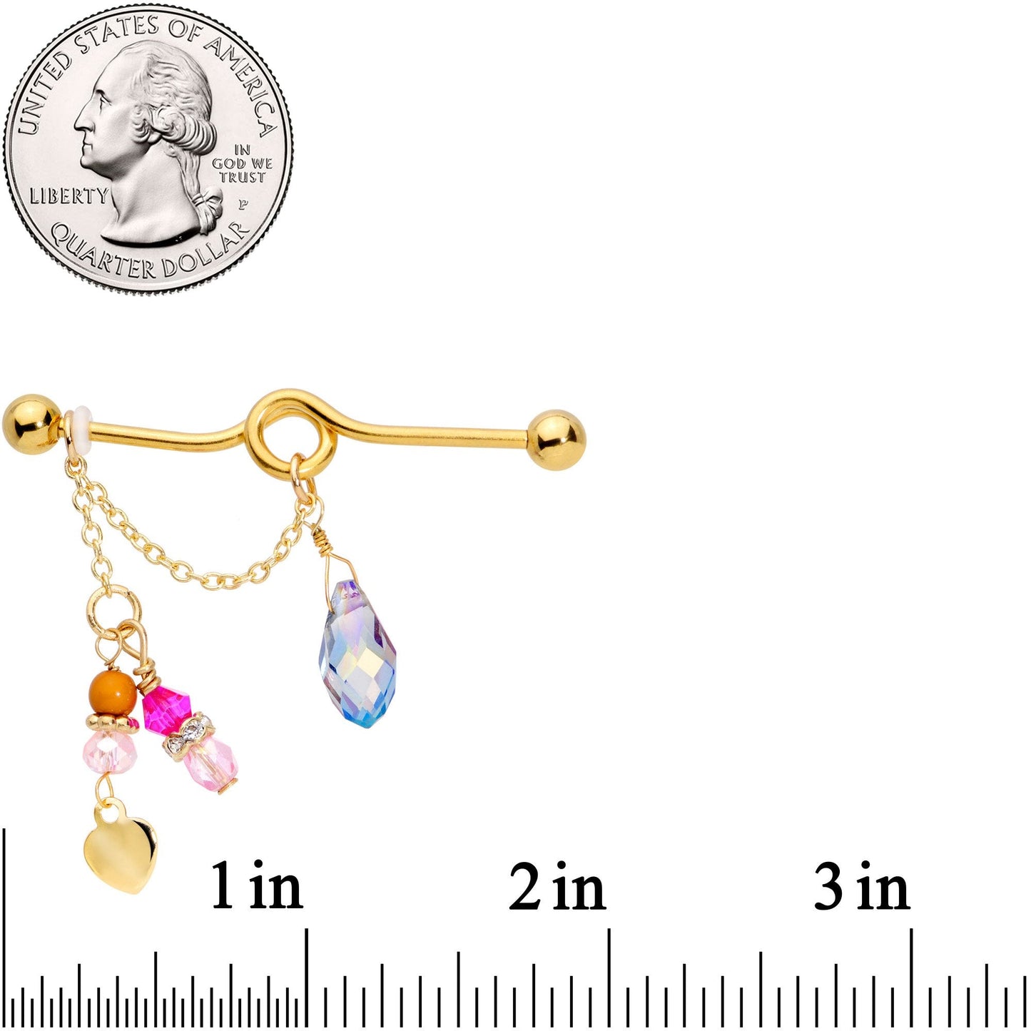 14G Pink Aurora Gem Gold Tone Chain Dangle Industrial Barbell 38mm