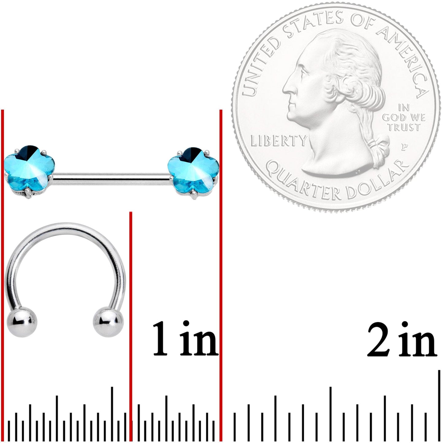 14G 9/16 1/2 Aqua Gem Flower Horseshoe Barbell Nipple Ring Set