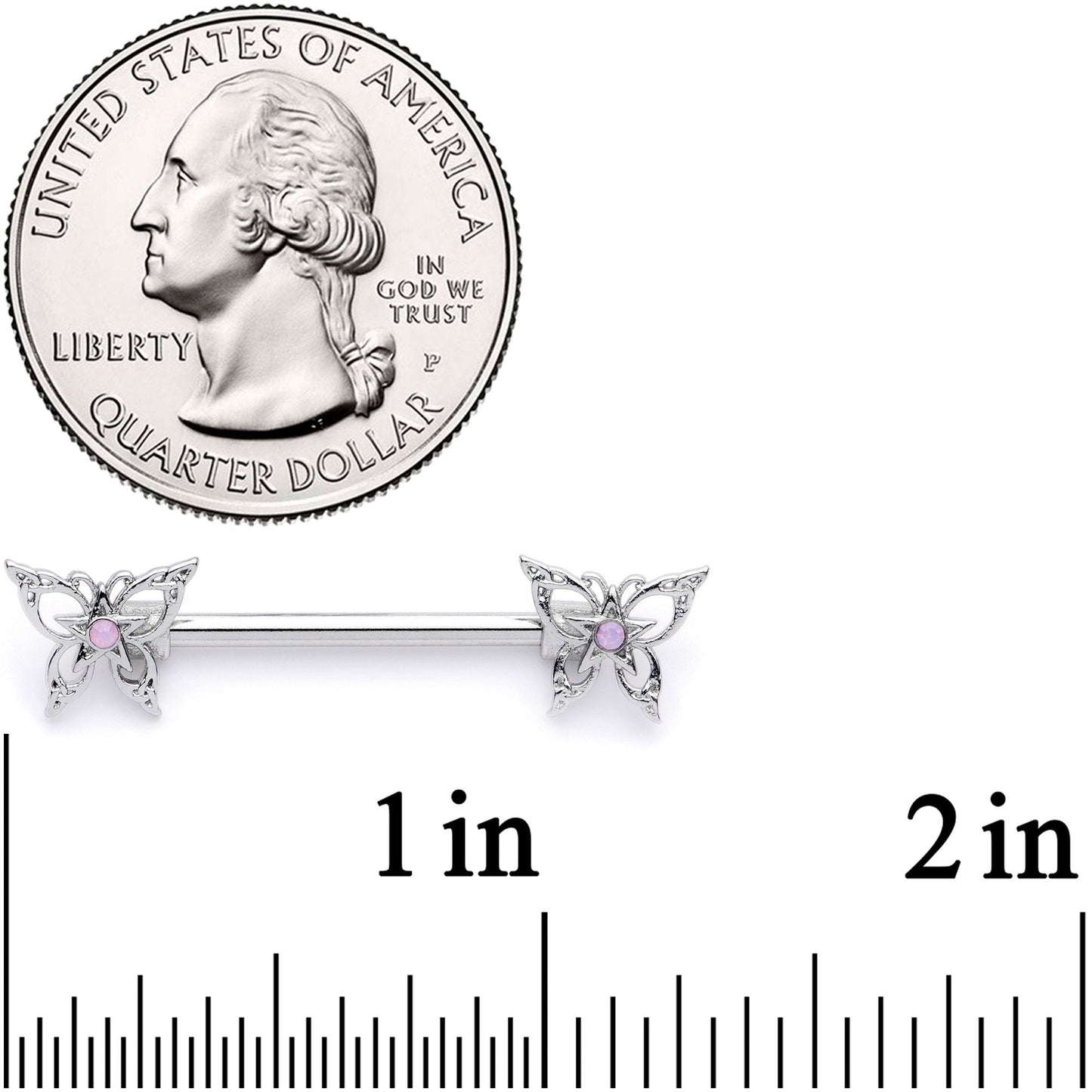 14G 9/16 Pink Faux Opal Lacy Butterfly Barbell Nipple Ring Set