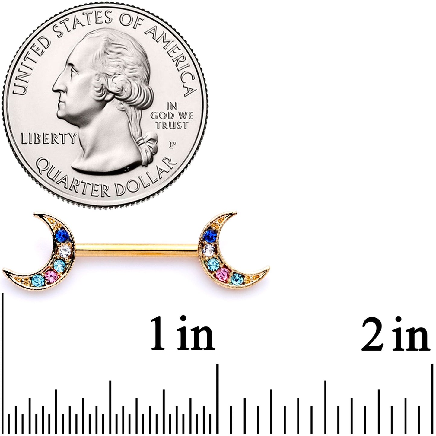 14G 9/16 Multicolor Gem Gold Tone Moon Barbell Nipple Set