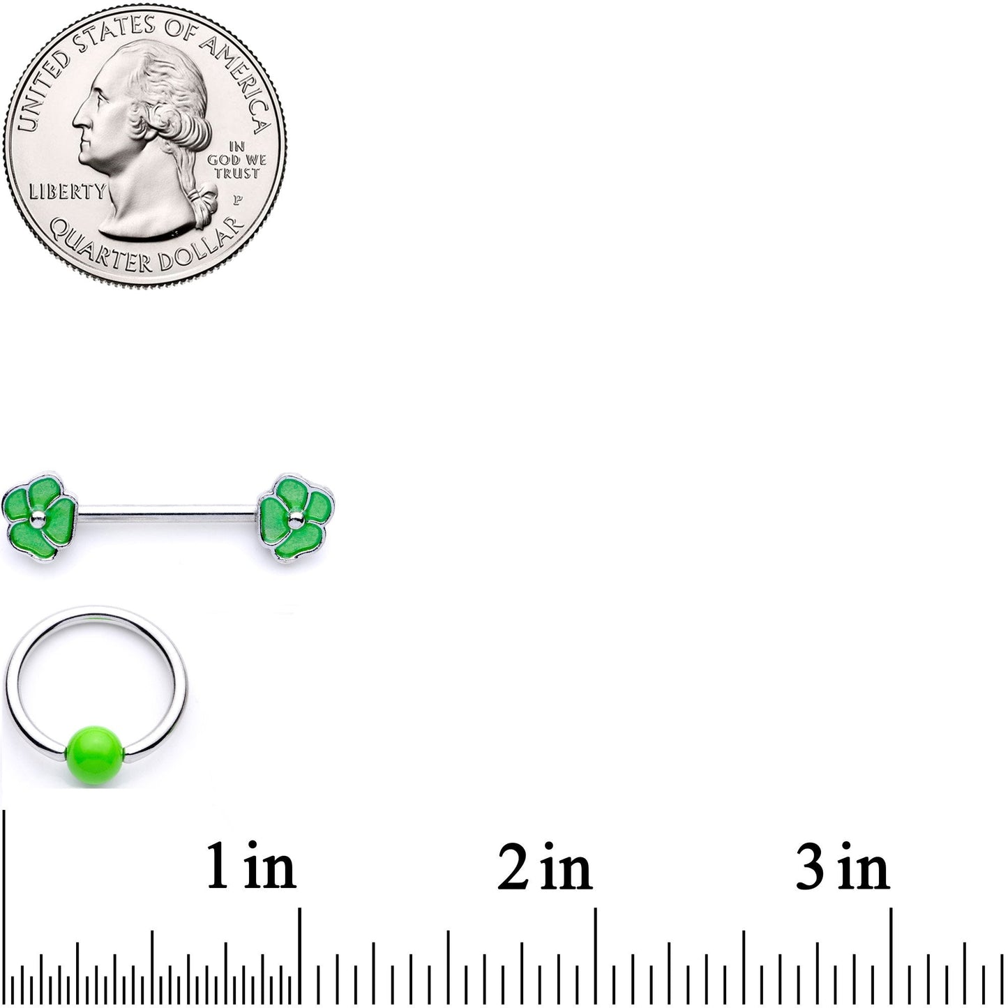 14G 9/16 1/2 Green Flower BCR Barbell Nipple Ring Set
