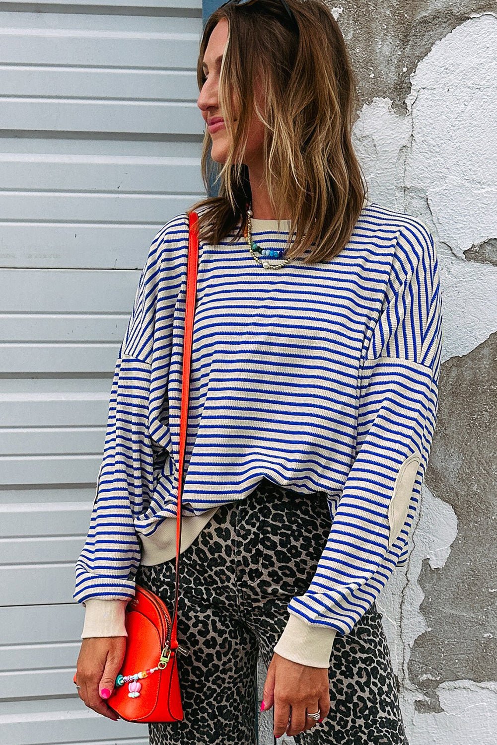 Blue Stripe Textured Elbow Patched Crew Neck Drop Shoulder Sweatshirt - Jaico Online Shop