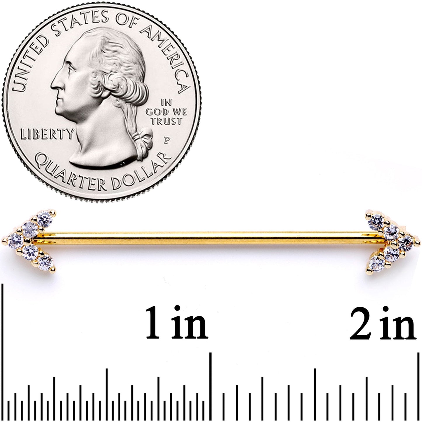 14G Clear Gem Gold Tone Arrows Point Industrial Barbell 38mm