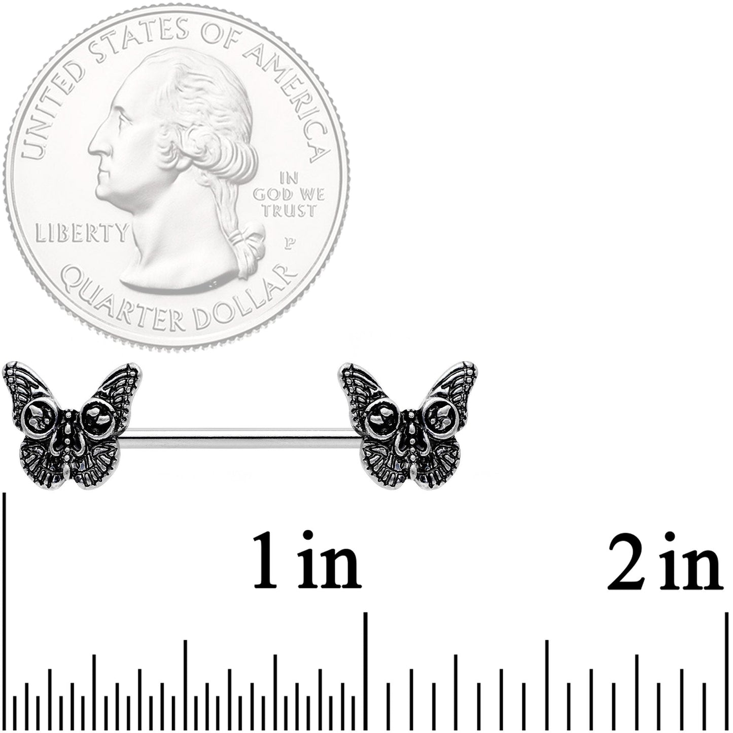 14G 9/16 Death Head Butterfly Barbell Nipple Ring Set