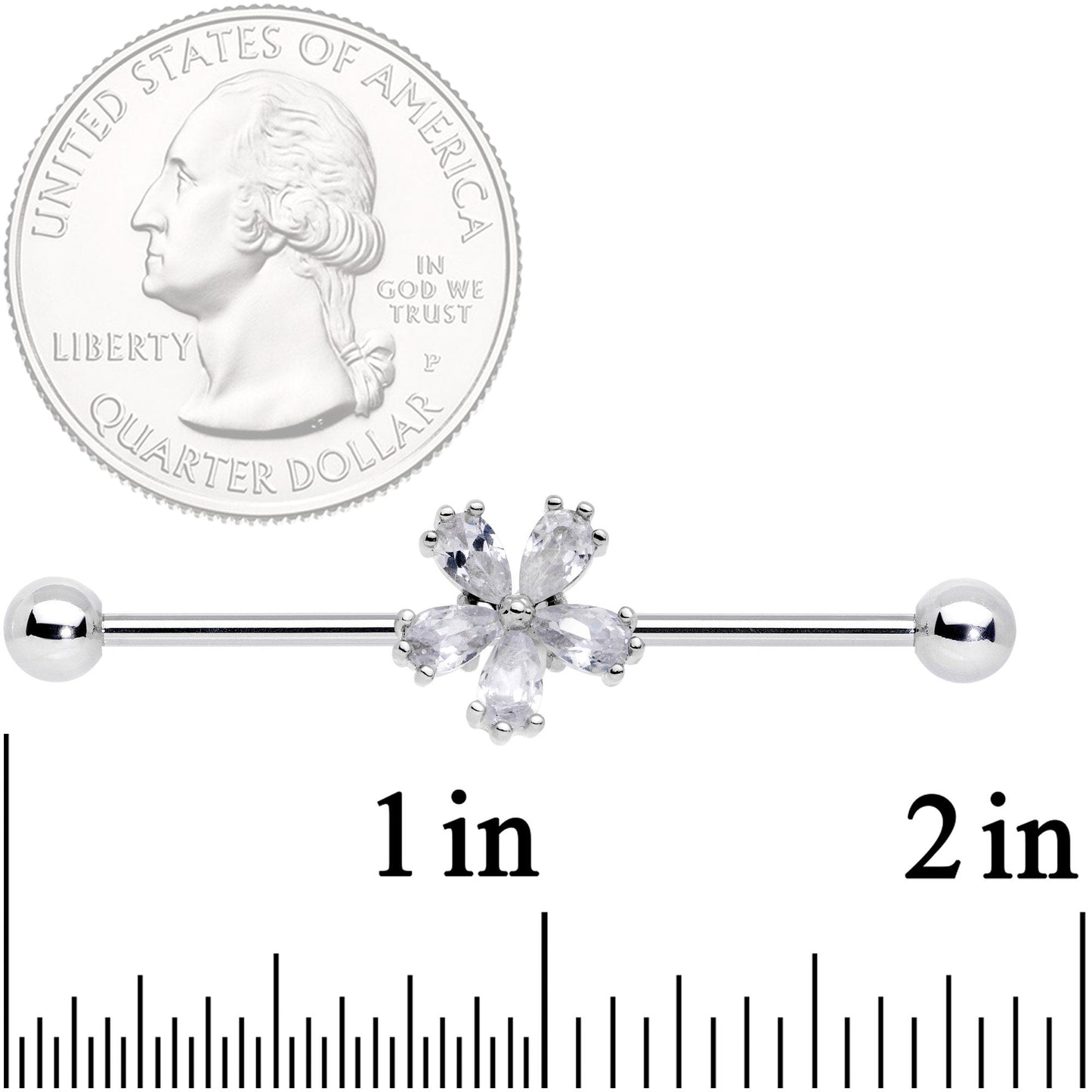 14G Clear CZ Gem Perfect Petals Flower Industrial Barbell 38mm