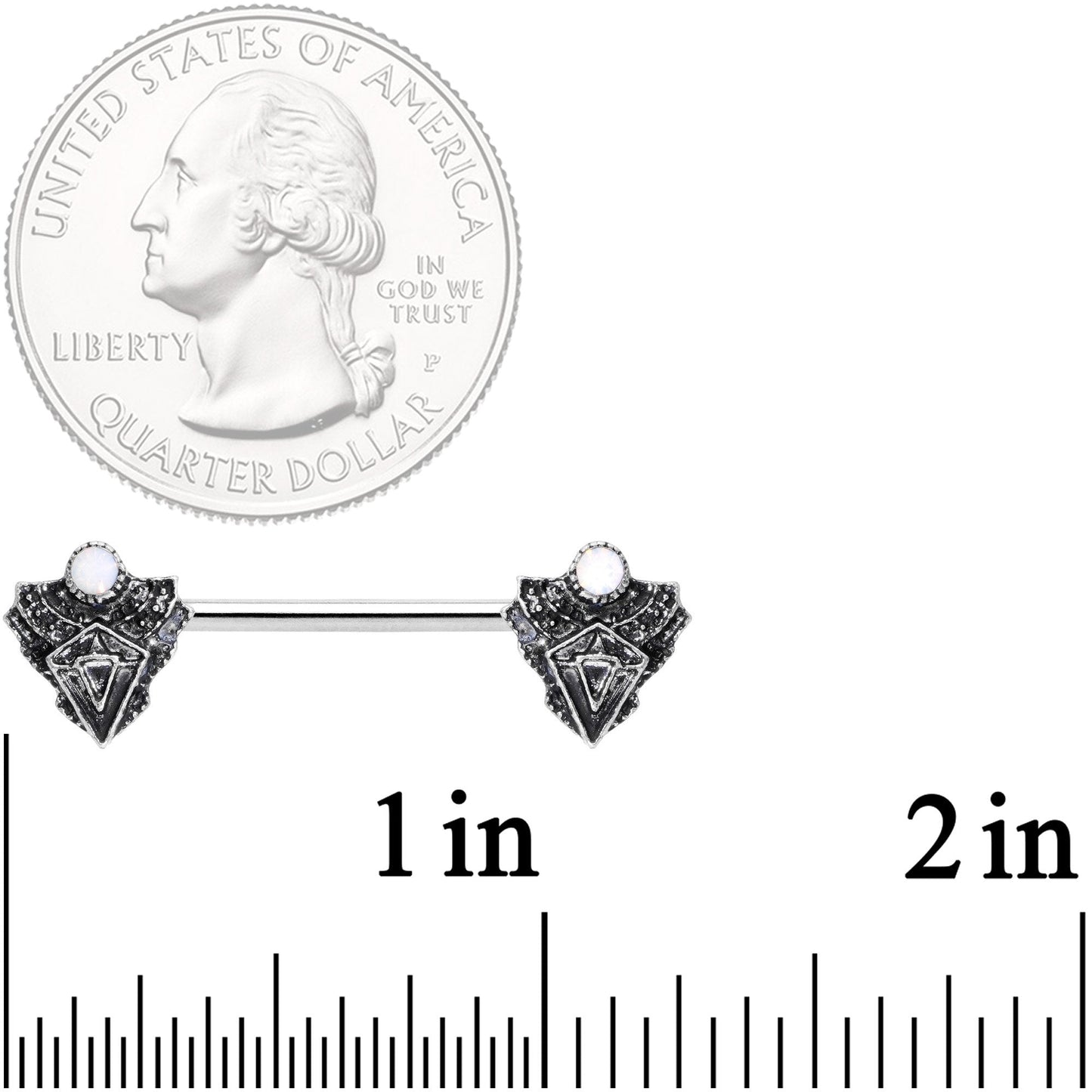14G 9/16 White Faux Opal Retro Triangle Barbell Nipple Ring Set
