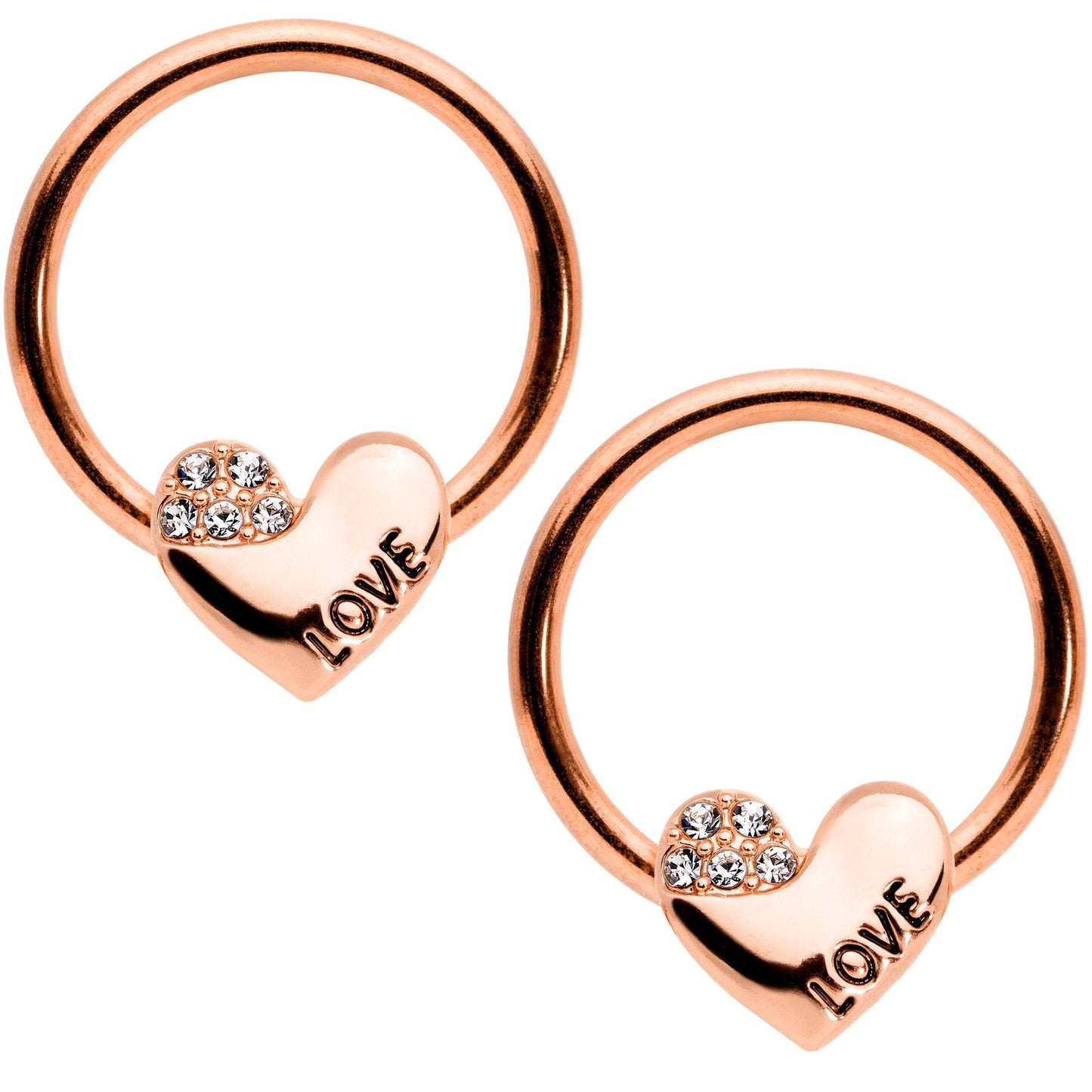 14G 1/2 Clear Gem Rose Gold Tone Love Heart BCR Captive Nipple Ring Set