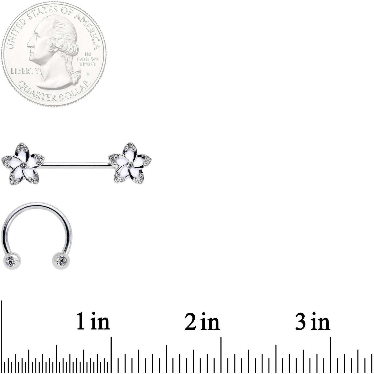 14G Clear Gem White Flower Horseshoe Barbell Nipple Ring Set of 4