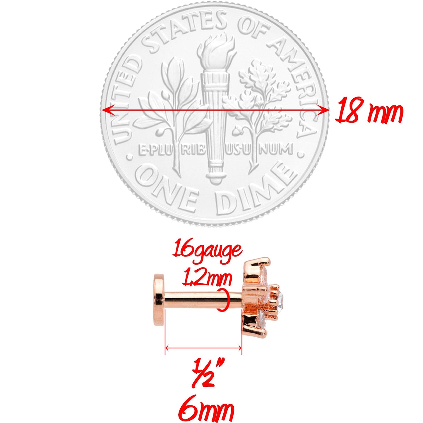 16G 1/4 Clear CZ Star Rose Gold Tone Internally Threaded Labret