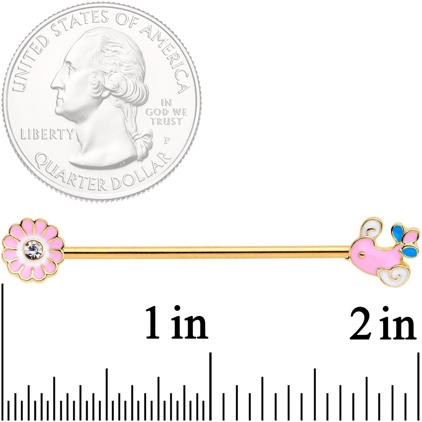 14G Clear Gem Gold Tone Pink Bird Flower Industrial Barbell 38mm