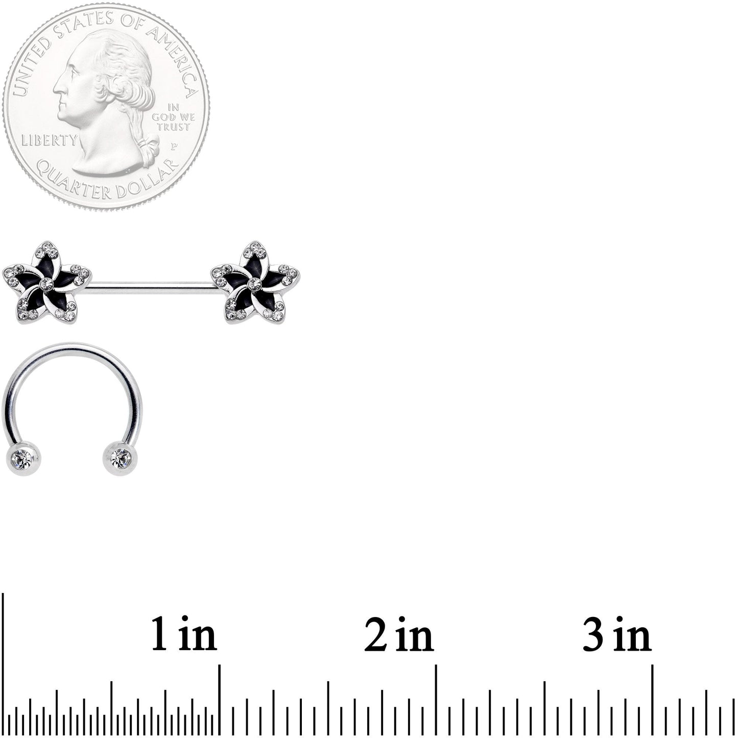 14G Clear Gem Black Flower Horseshoe Barbell Nipple Ring Set of 4
