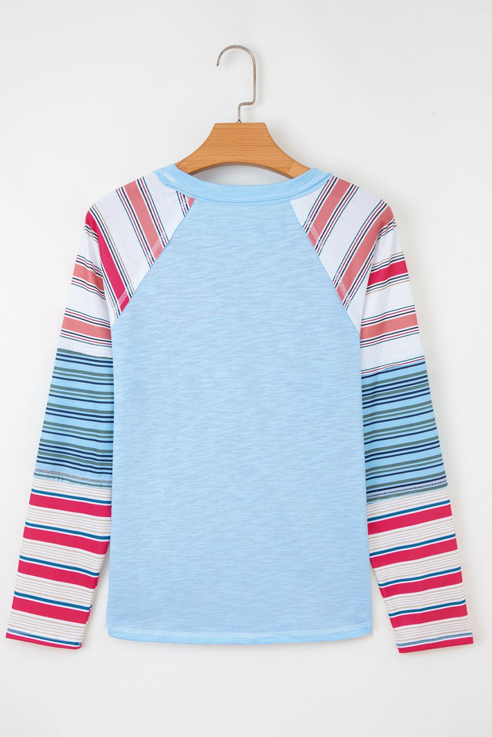 Pink Color Block Round Neck Exposed Seam Patchwork Striped Long Sleeve Top - Jaico Online Shop