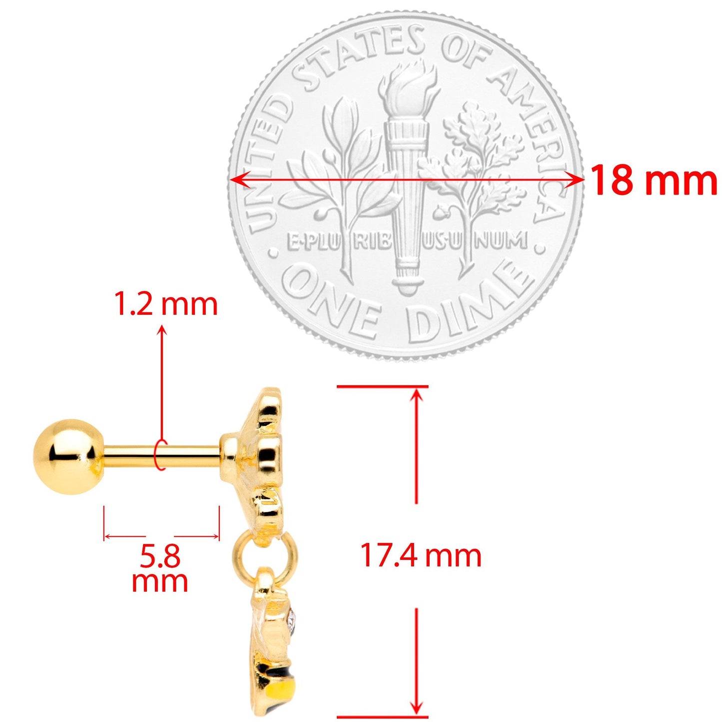 16G 1/4 Clear Black Gem Gold Tone Bee Flower Cartilage Earring