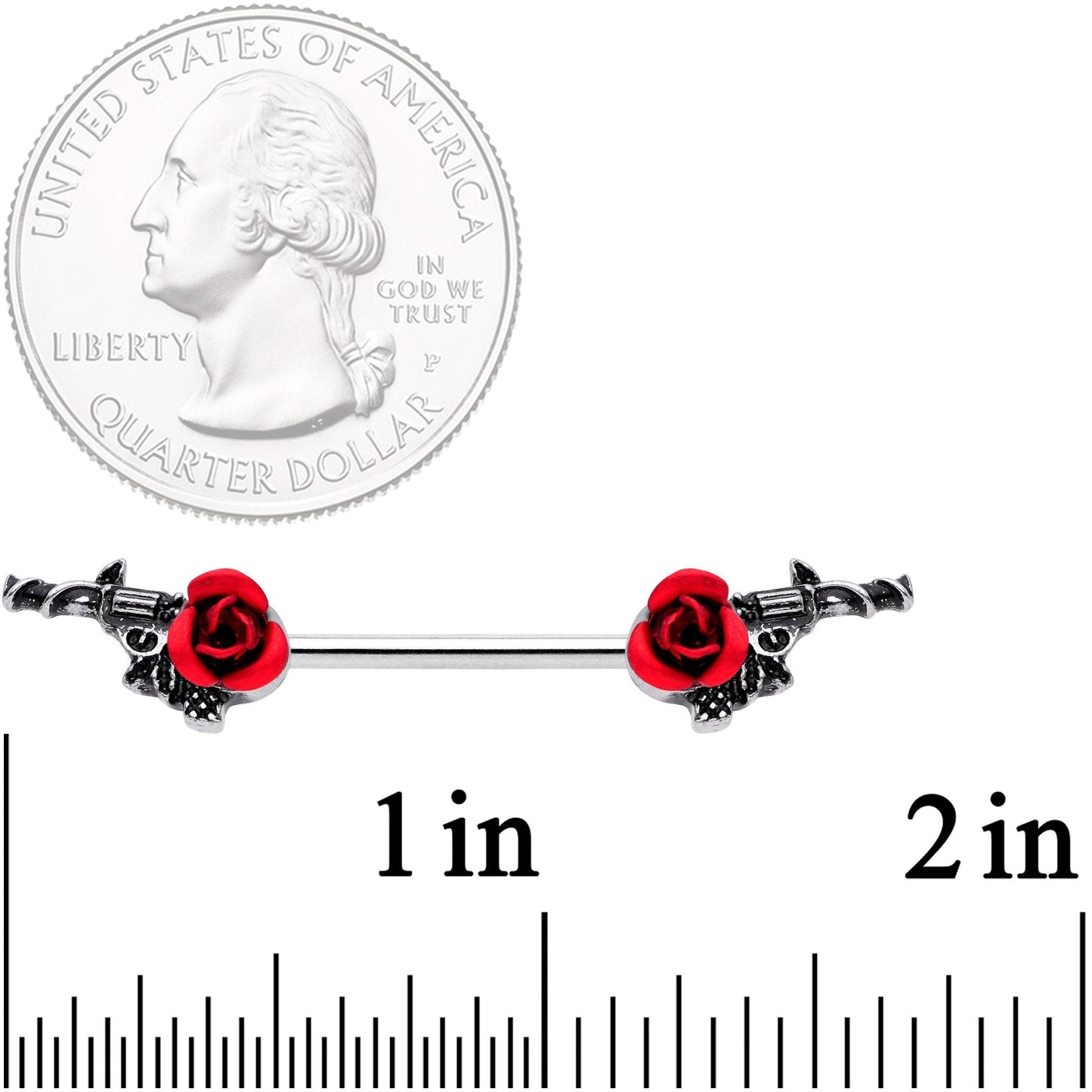 14G 9/16 Red Rose Flower and Gun Barbell Nipple Ring Set