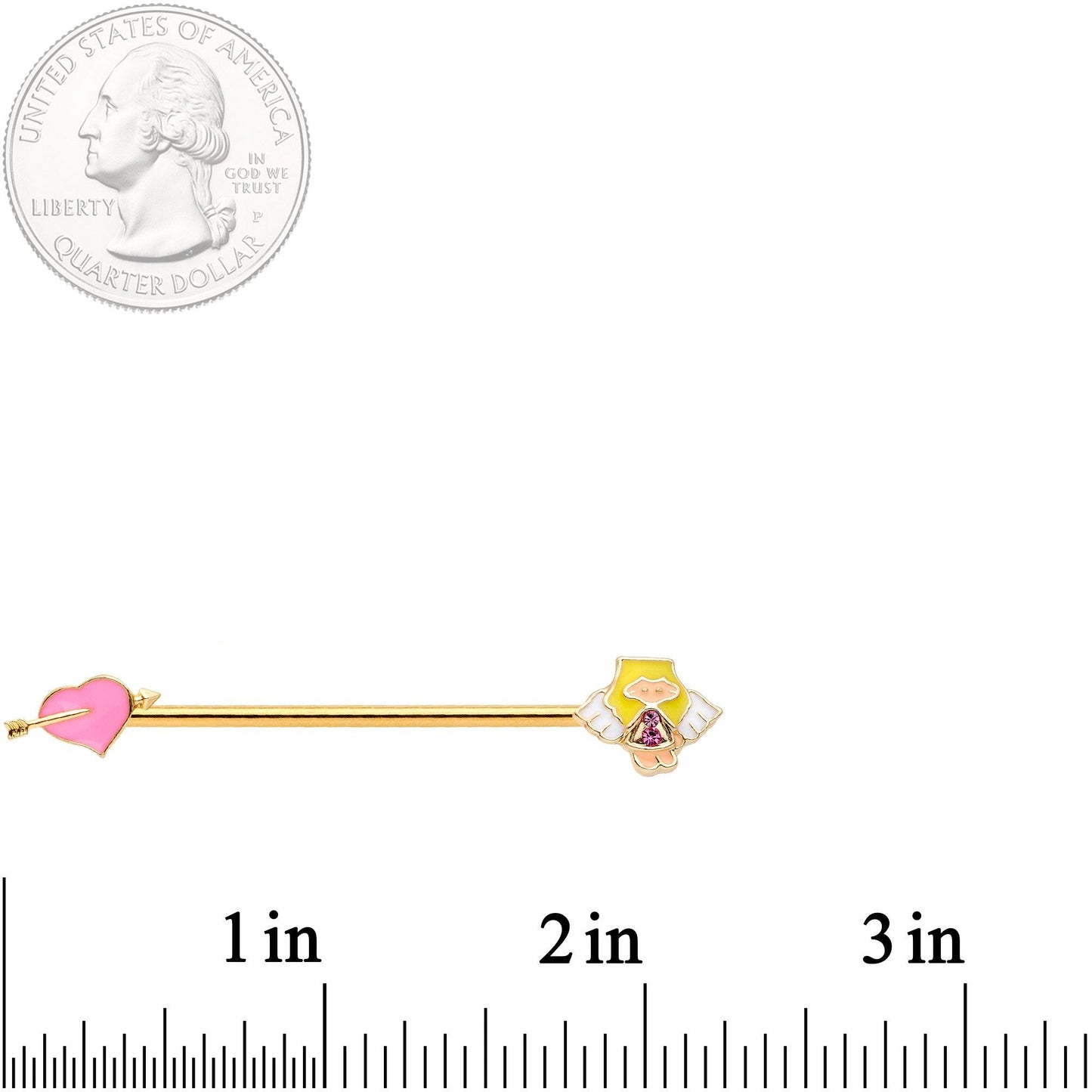 14G Pink Gem Gold Tone Cupid Industrial Barbell 38mm