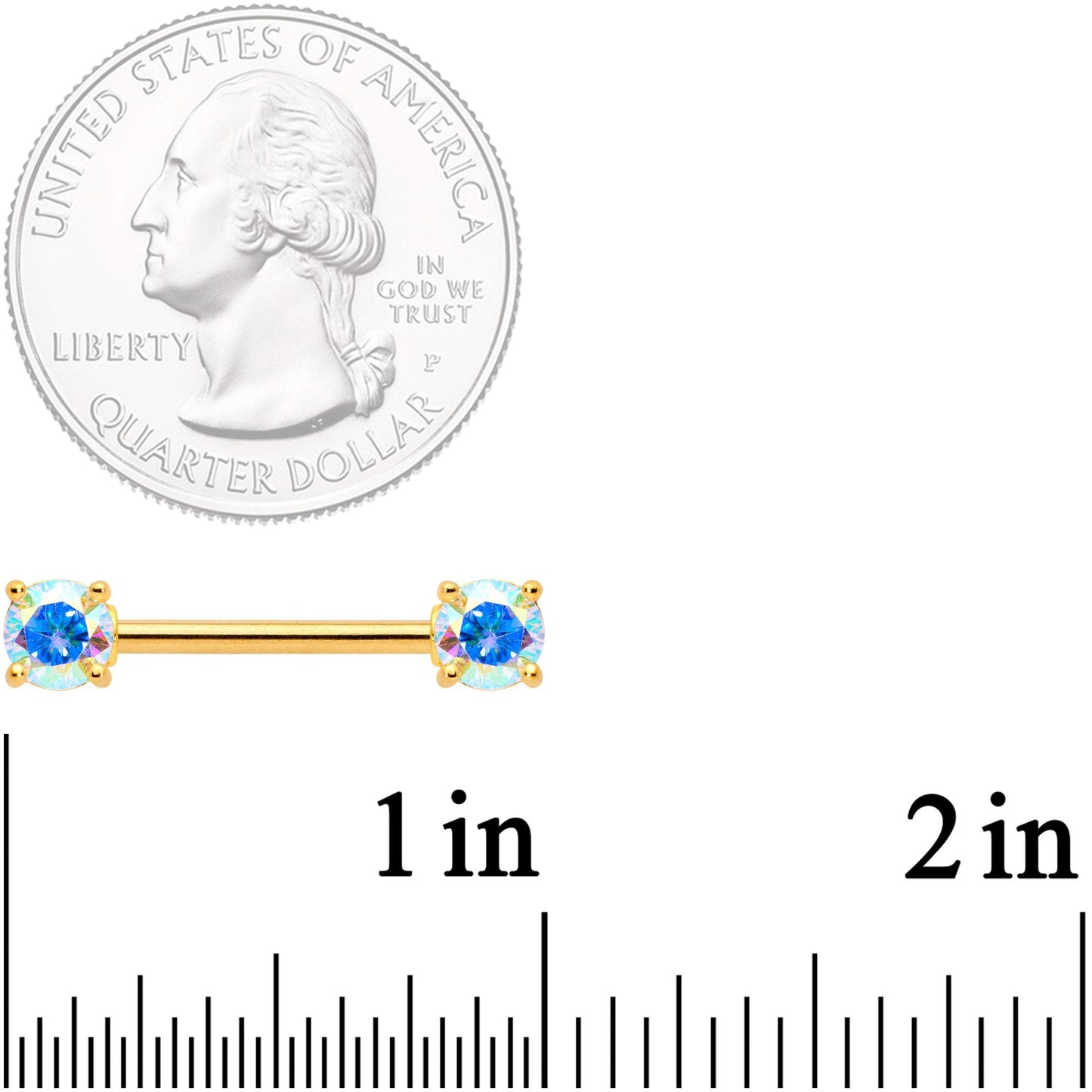 14G 9/16 Aurora CZ Gem Gold Tone Barbell Nipple Ring Set