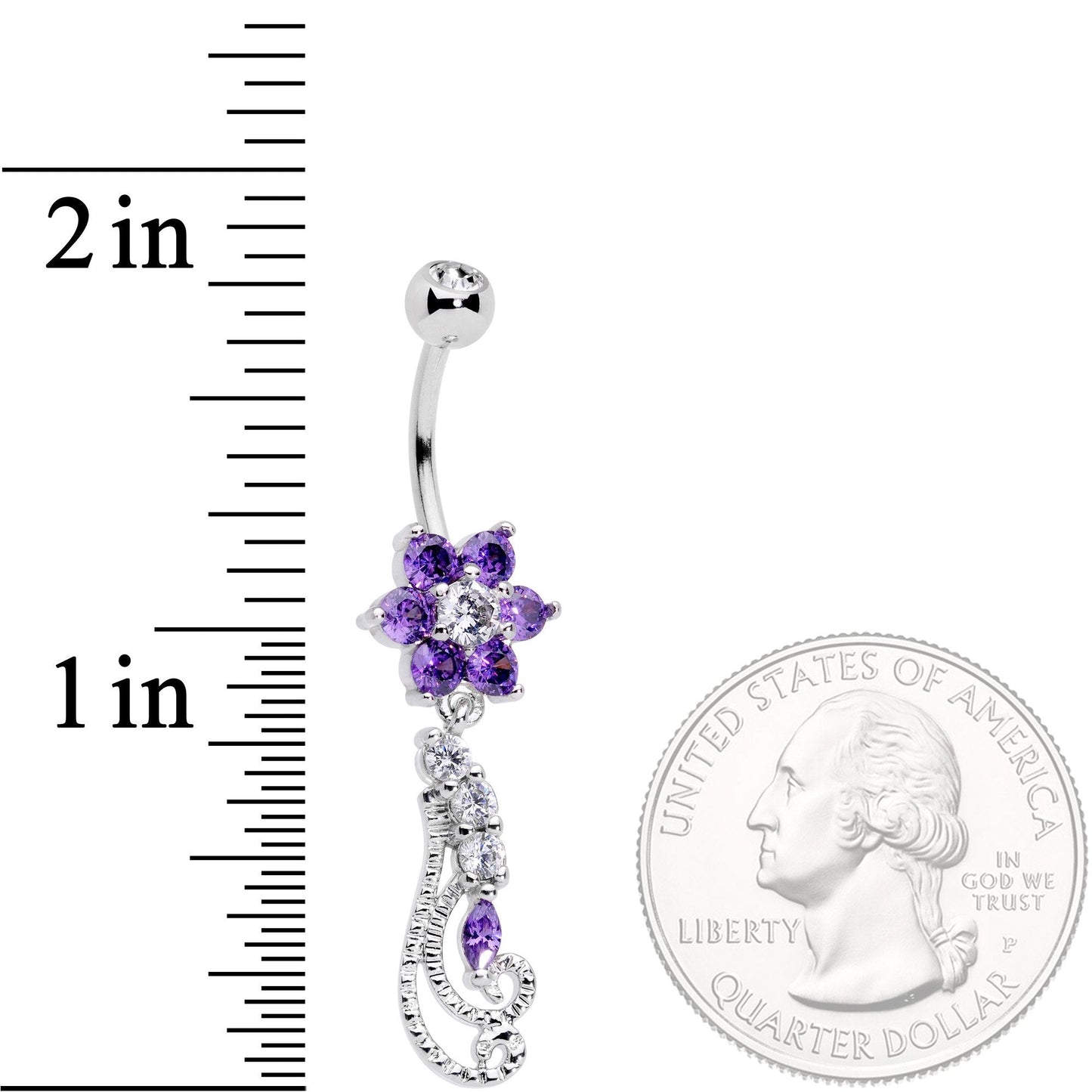 Clear Purple CZ Gem Floral Flourish Dangle Belly Ring