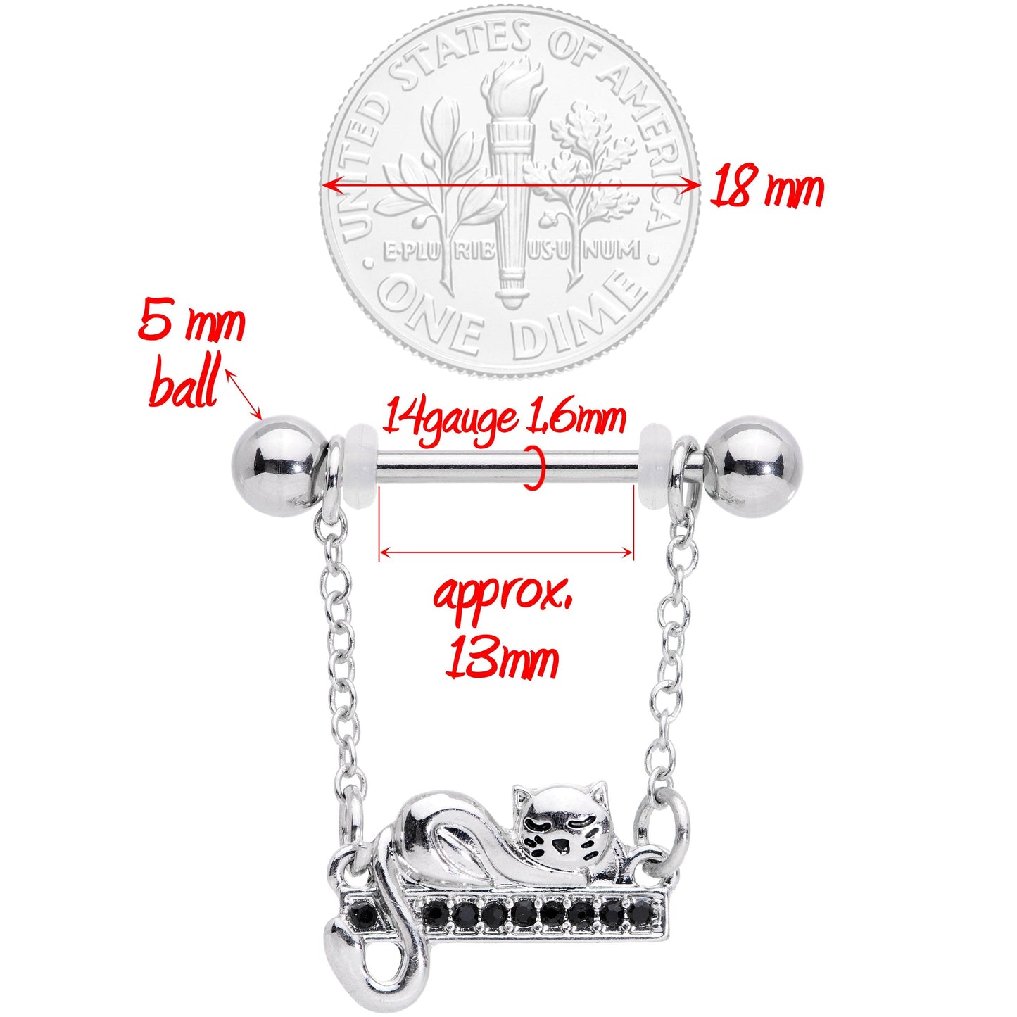 14G 5/8 Black Gem Nap Cat Dangle Nipple Ring Set