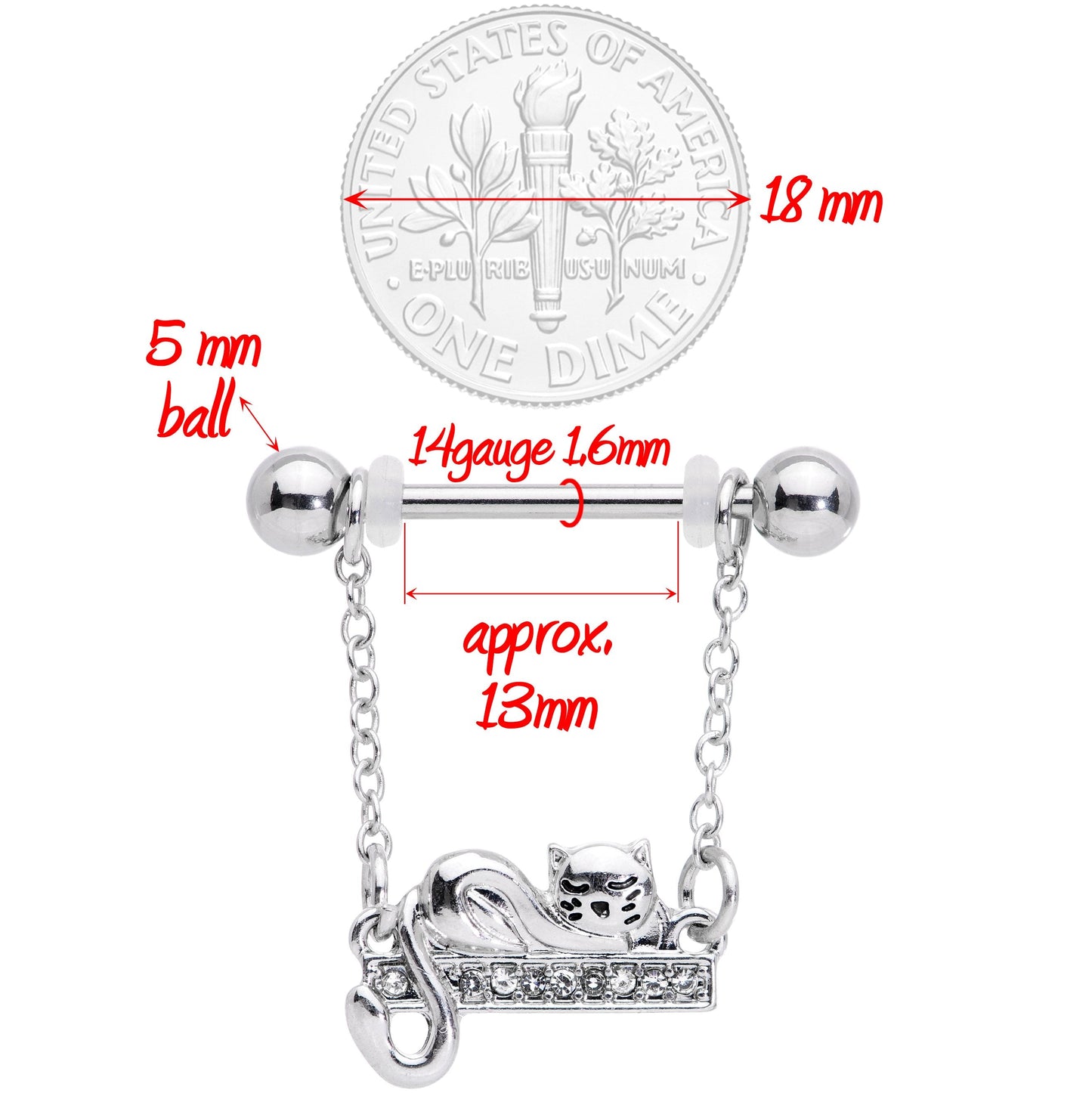 14G 5/8 Clear Gem Nap Cat Dangle Nipple Ring Set