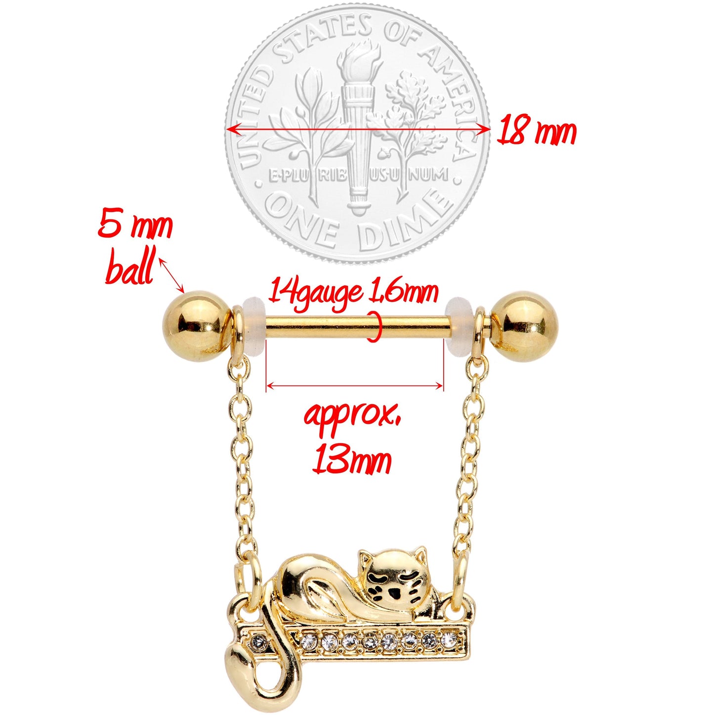 14G 5/8 Clear Gem Gold Tone Nap Cat Dangle Nipple Ring Set