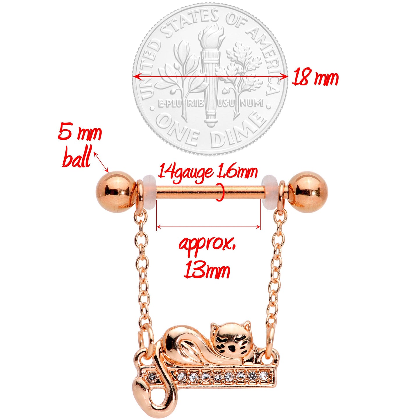 14G 5/8 Clear Gem Rose Gold Tone Nap Cat Dangle Nipple Ring Set