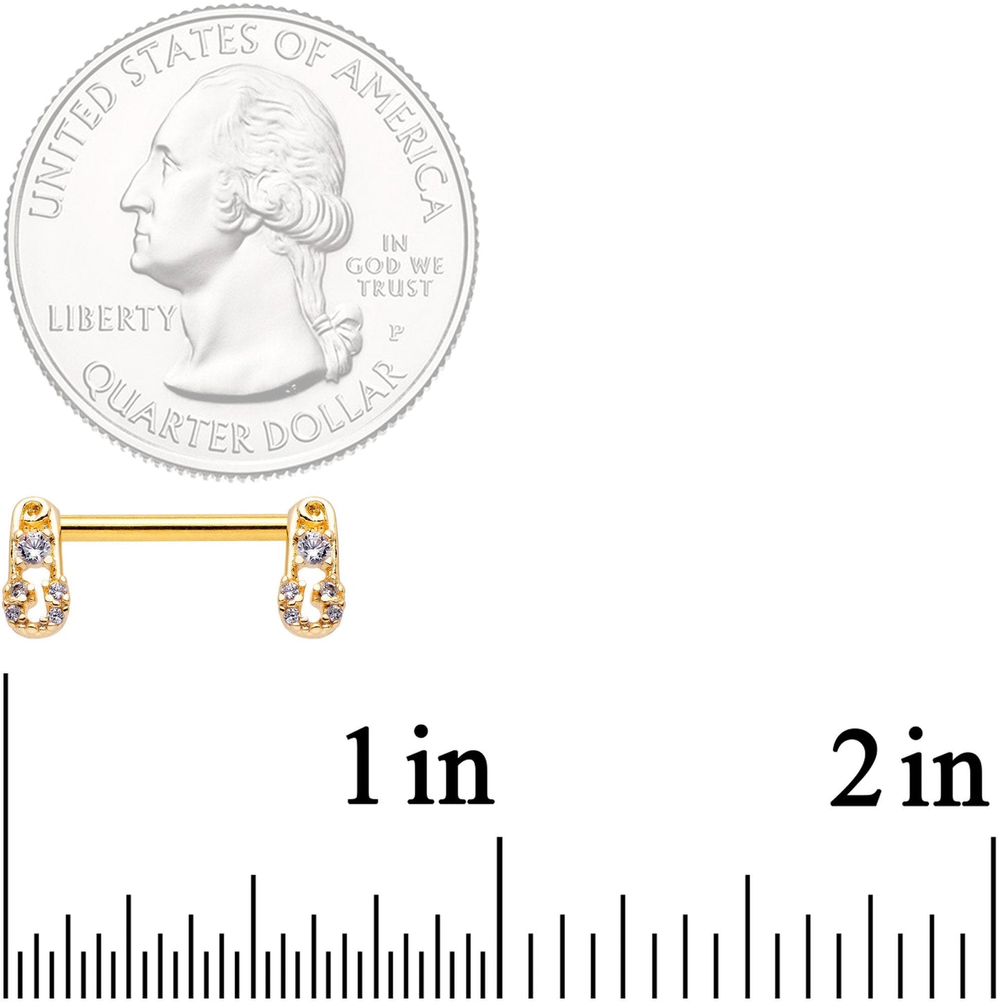 14G 9/16 Clear CZ Gem Gold Tone Safety Pin Nipple Ring Set