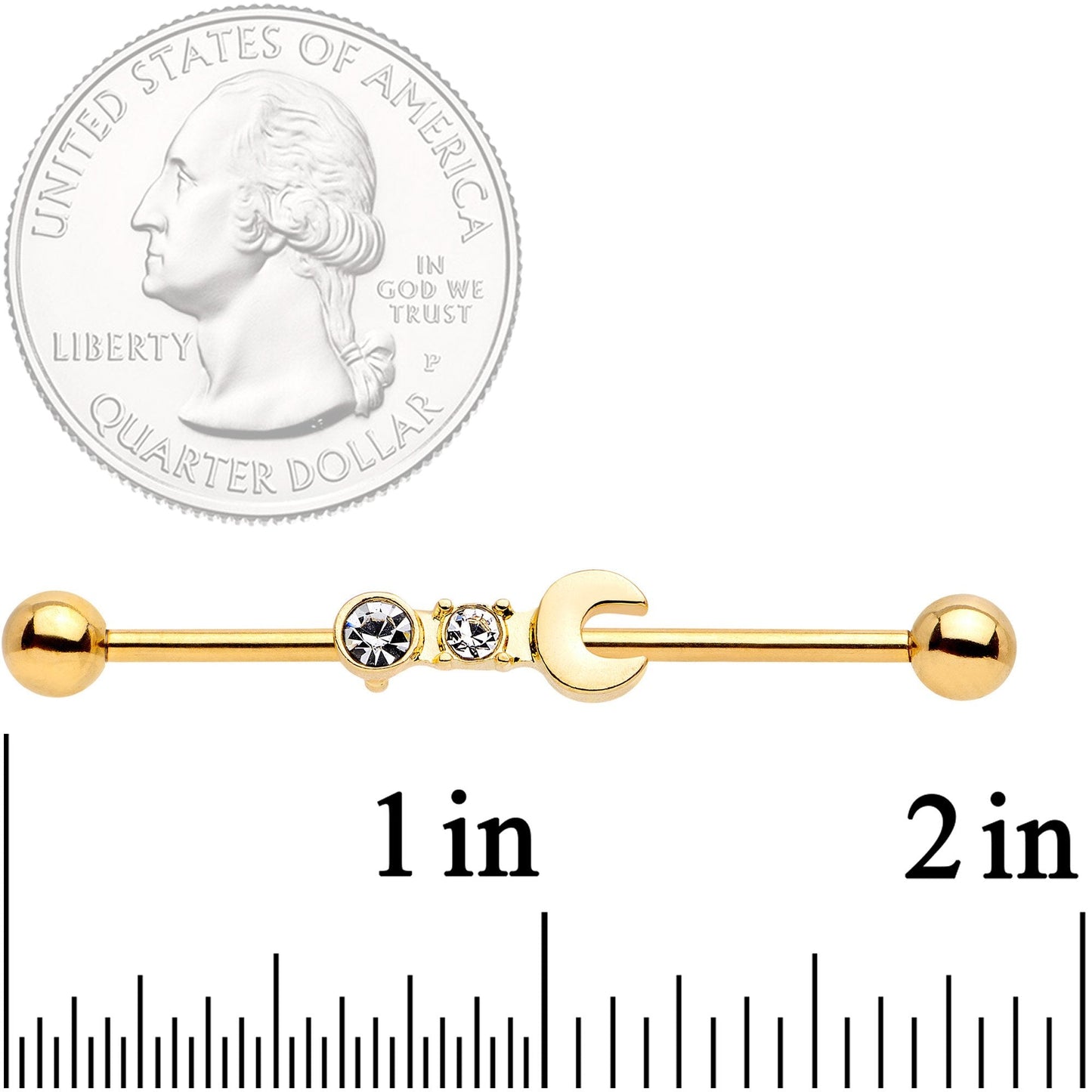 14G Clear Gem Gold Tone Crescent Wrench Industrial Barbell 38mm