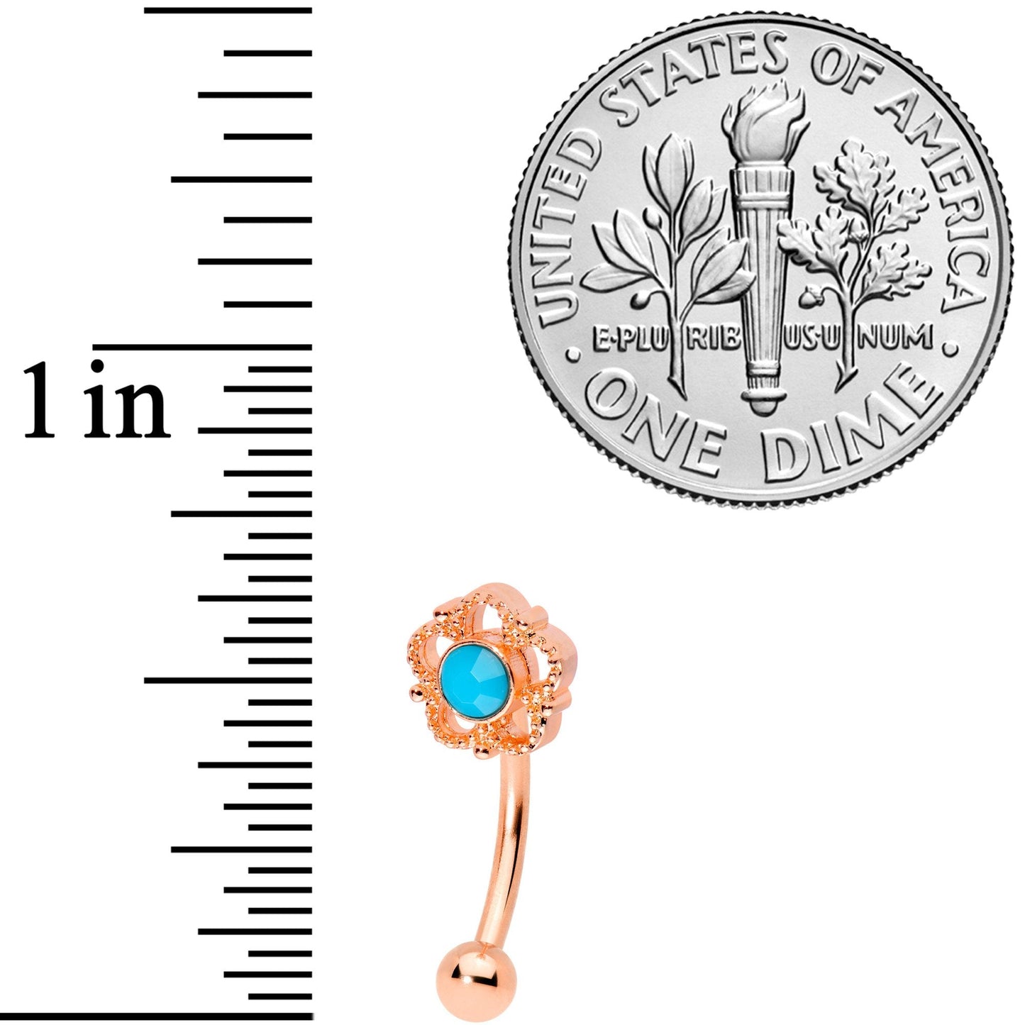 16G 5/16 Faux Turquoise Rose Gold Tone Flower Curved Eyebrow Ring