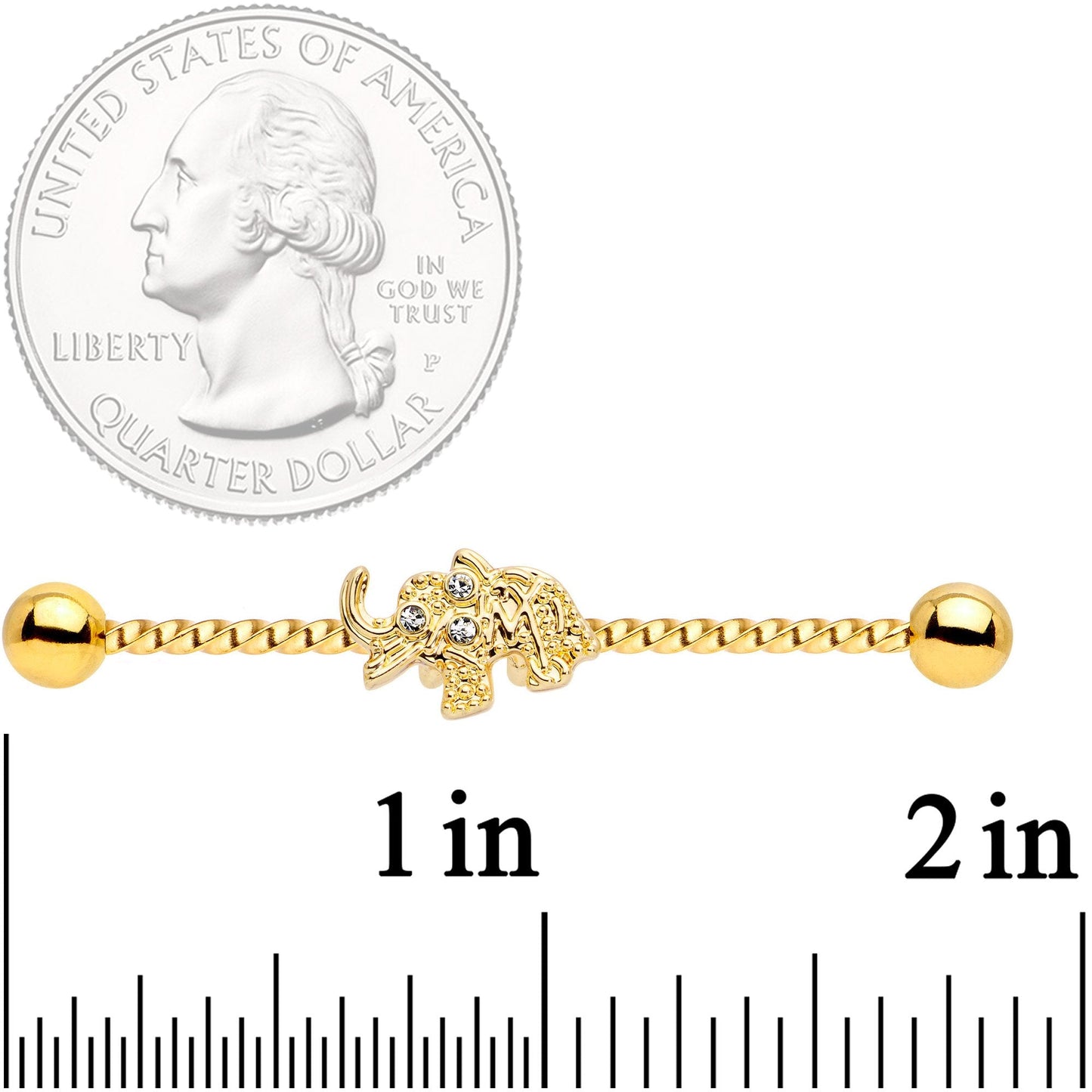 14G Clear Gem Gold Tone Elephant Industrial Barbell 38mm