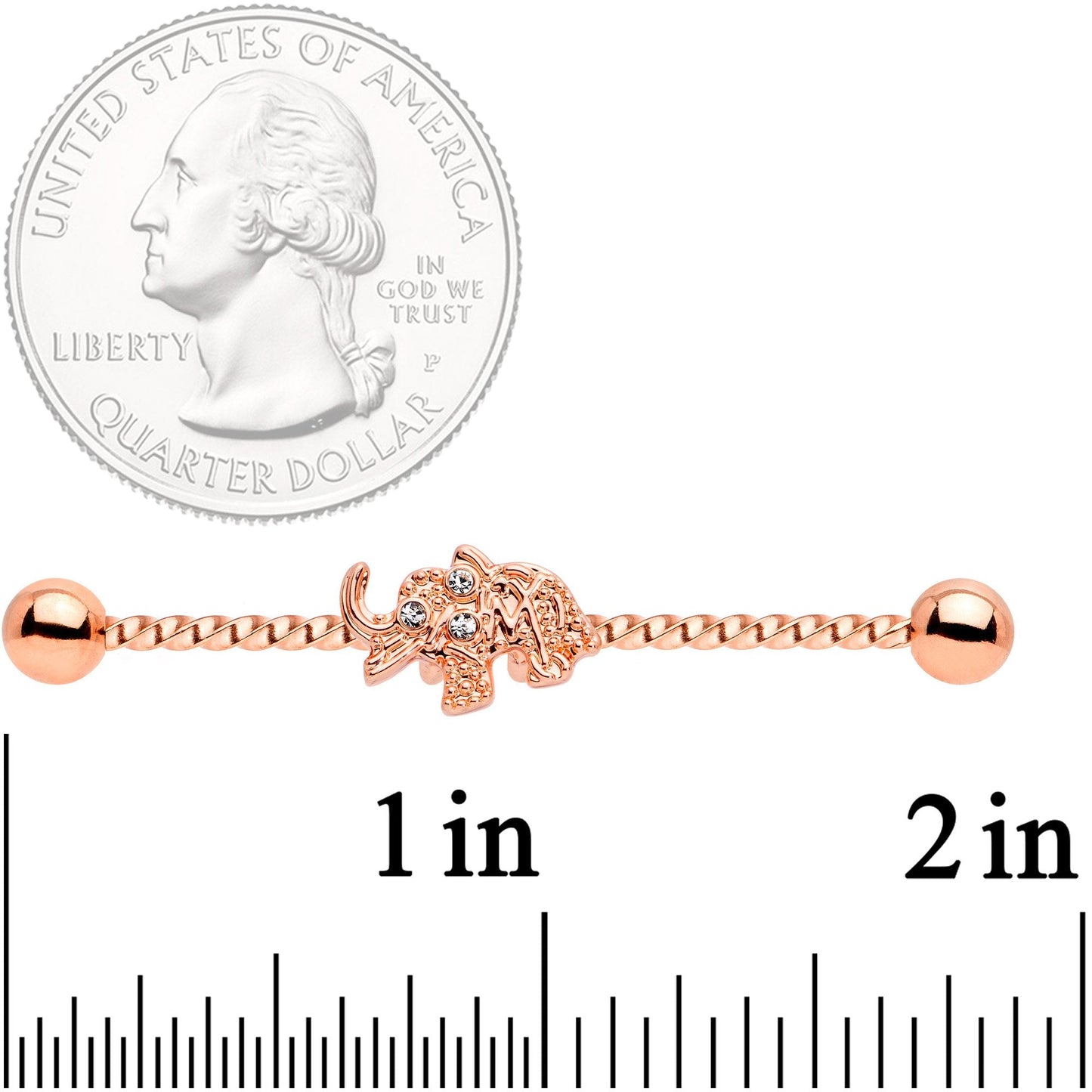 14G Clear Gem Rose Gold Tone Elephant Industrial Barbell 38mm