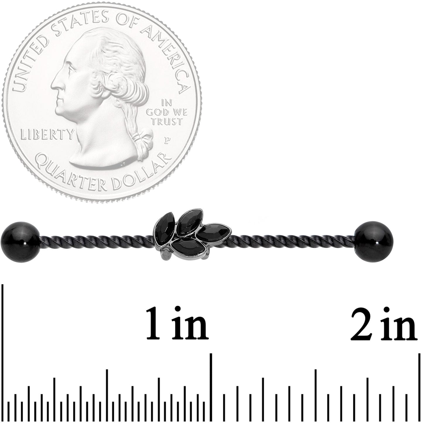 14G Black Gem Black Anodized Leaf Industrial Barbell 38mm