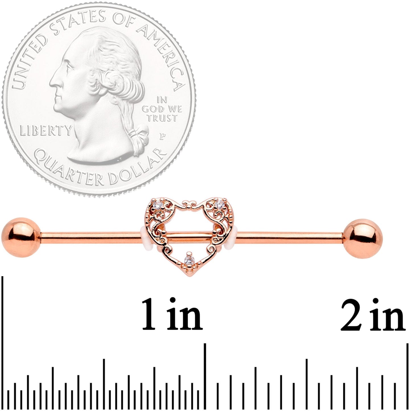 14G Clear CZ Gem Rose Gold Tone Scrollwork Heart Industrial Barbell