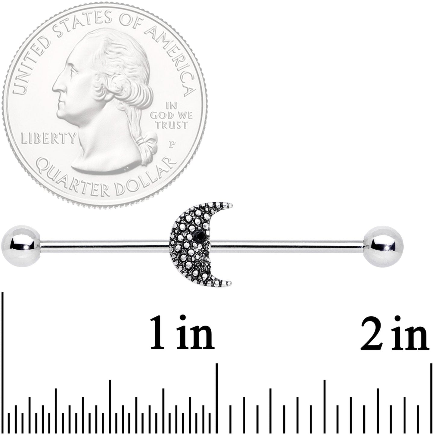 14G Black Gem Night Skull Crescent Moon Industrial Barbell 38mm