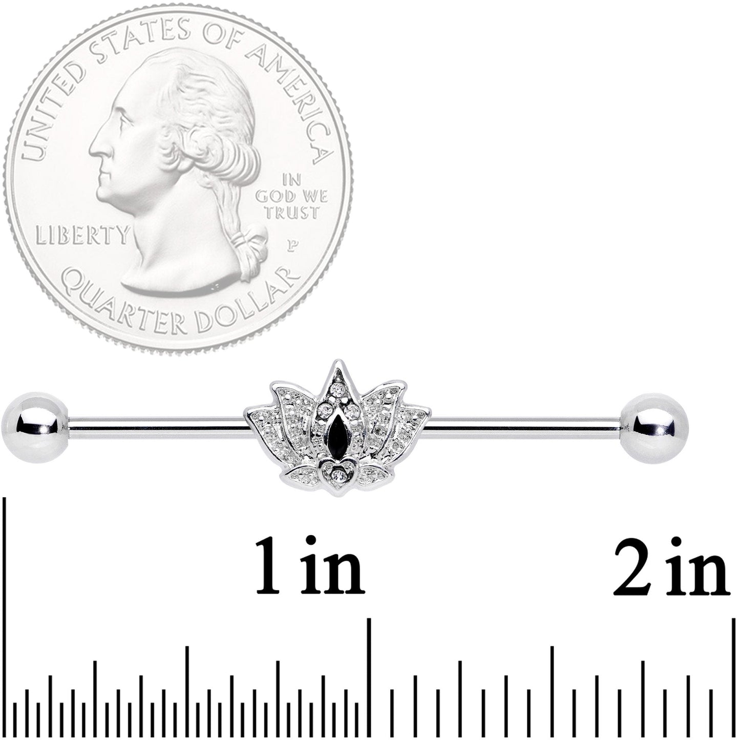 14G Clear Black Gem Crown Lotus Flower Industrial Barbell 38mm