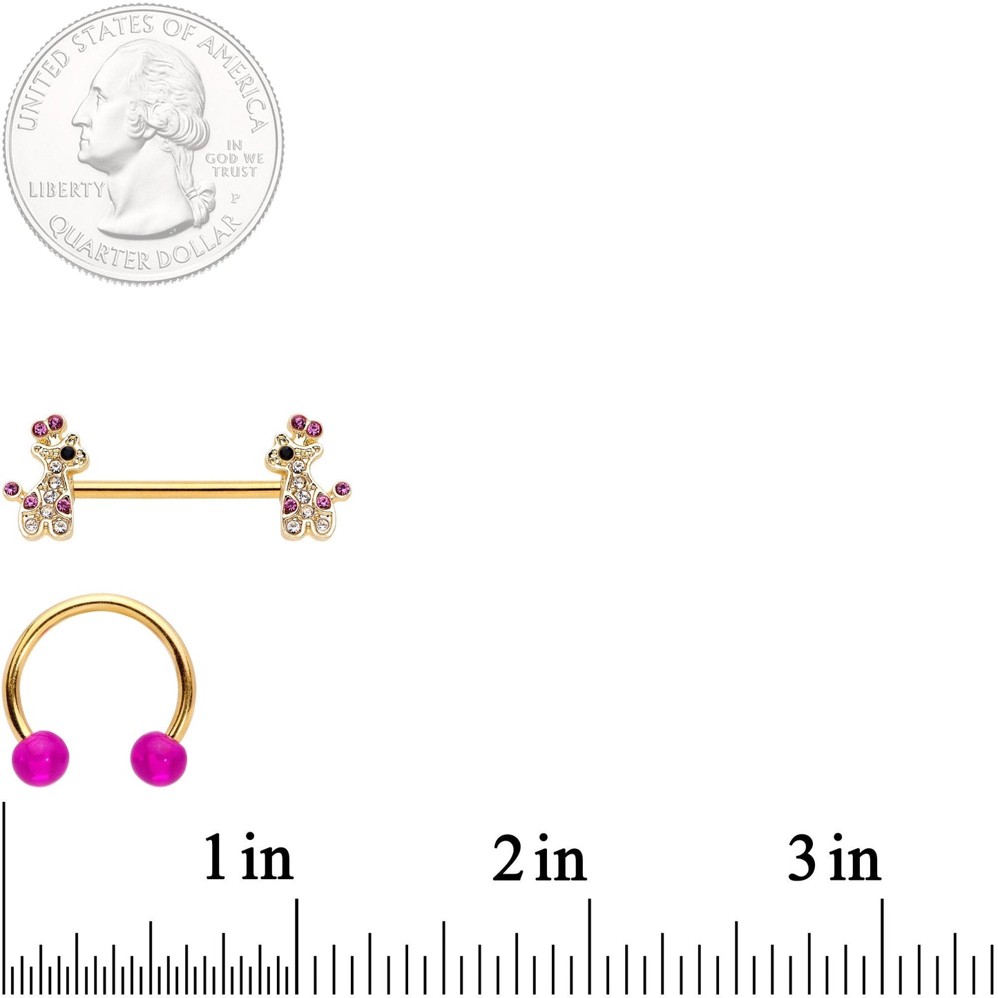 14G Clear Pink Gem Giraffe Gold Tone UV Horseshoe Nipple Ring Set