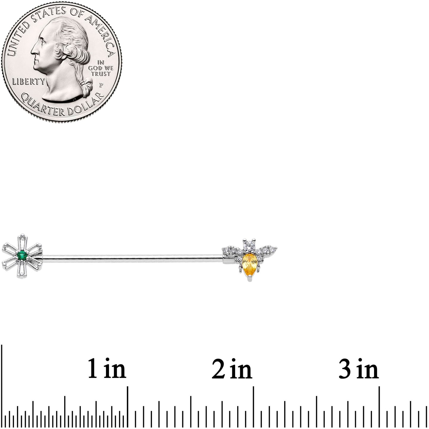 14G Clear Yellow CZ Gem Bumble Bee Flower Industrial Barbell 38mm